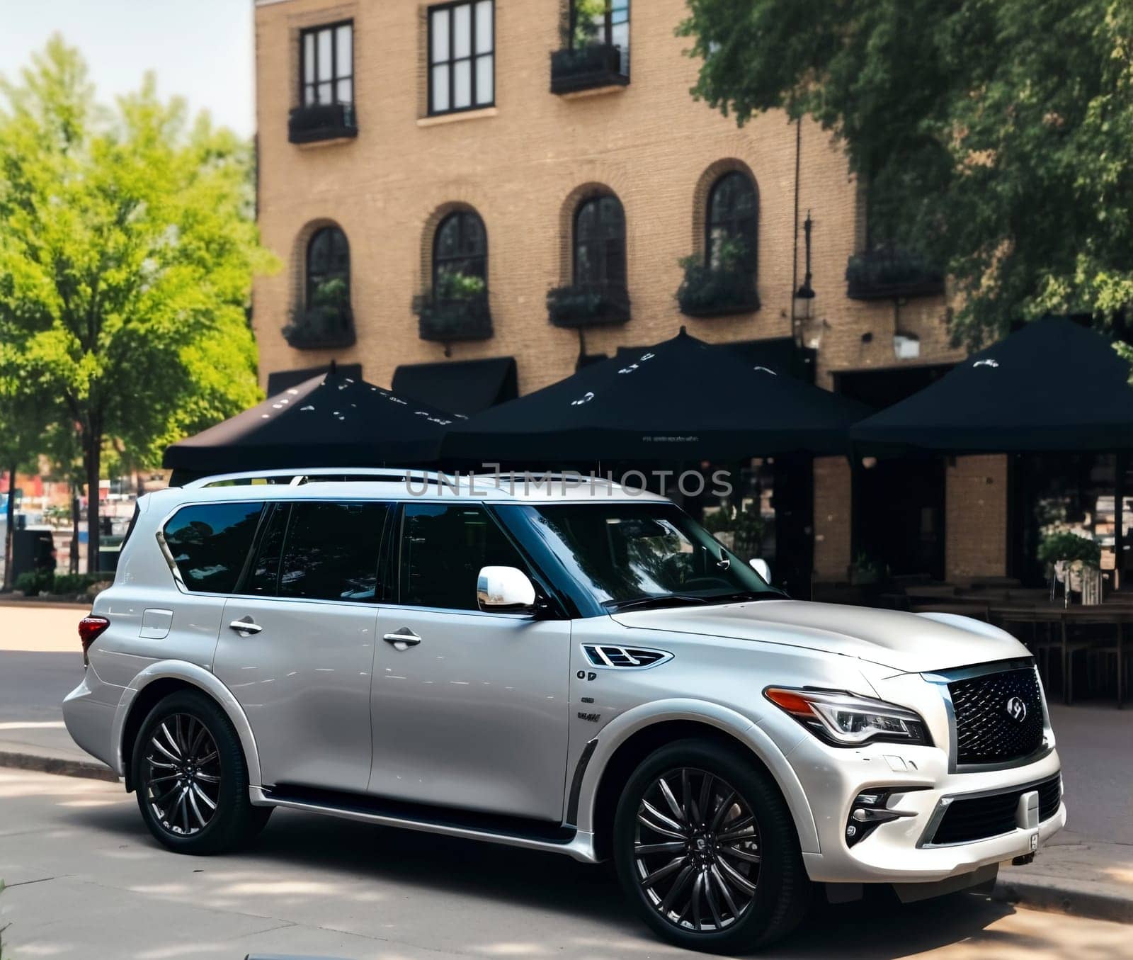 This photograph features a sleek white Infiniti QX80 with black tinted windows parked on the sidewalk outside a trendy restaurant. The car is a luxurious and stylish choice, adding to the sophistication of the setting. The black windows give the vehicle a sense of mystery and exclusivity. Whether you're a fan of high-end vehicles or just appreciate a good dining experience, this image is sure to catch your eye.