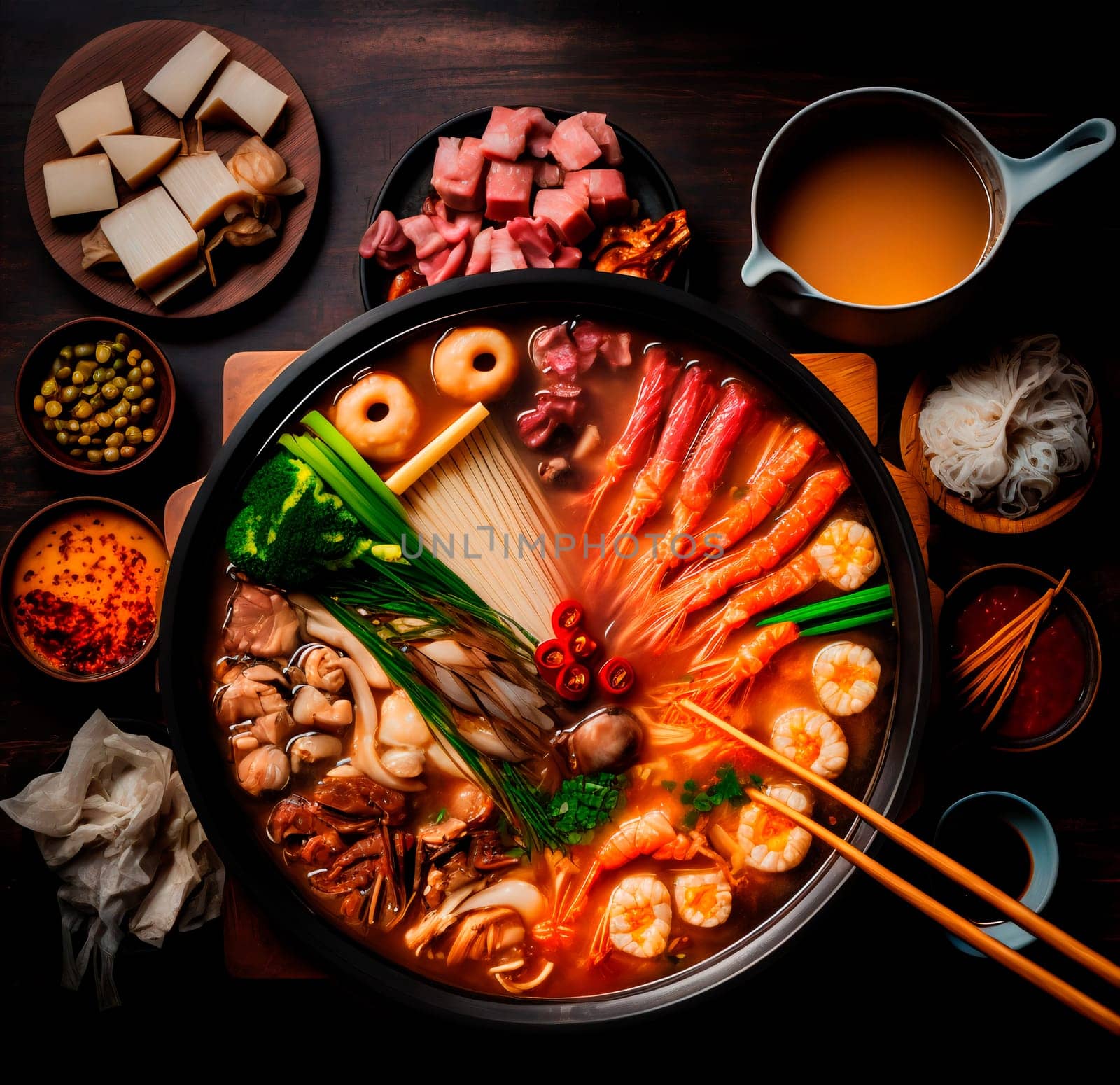An image of a hot pot with a variety of meats and vegetables, such as beef, chicken, shrimp, and mushrooms, cooking in a flavorful broth. The hot pot is served on a table with chopsticks and bowls.