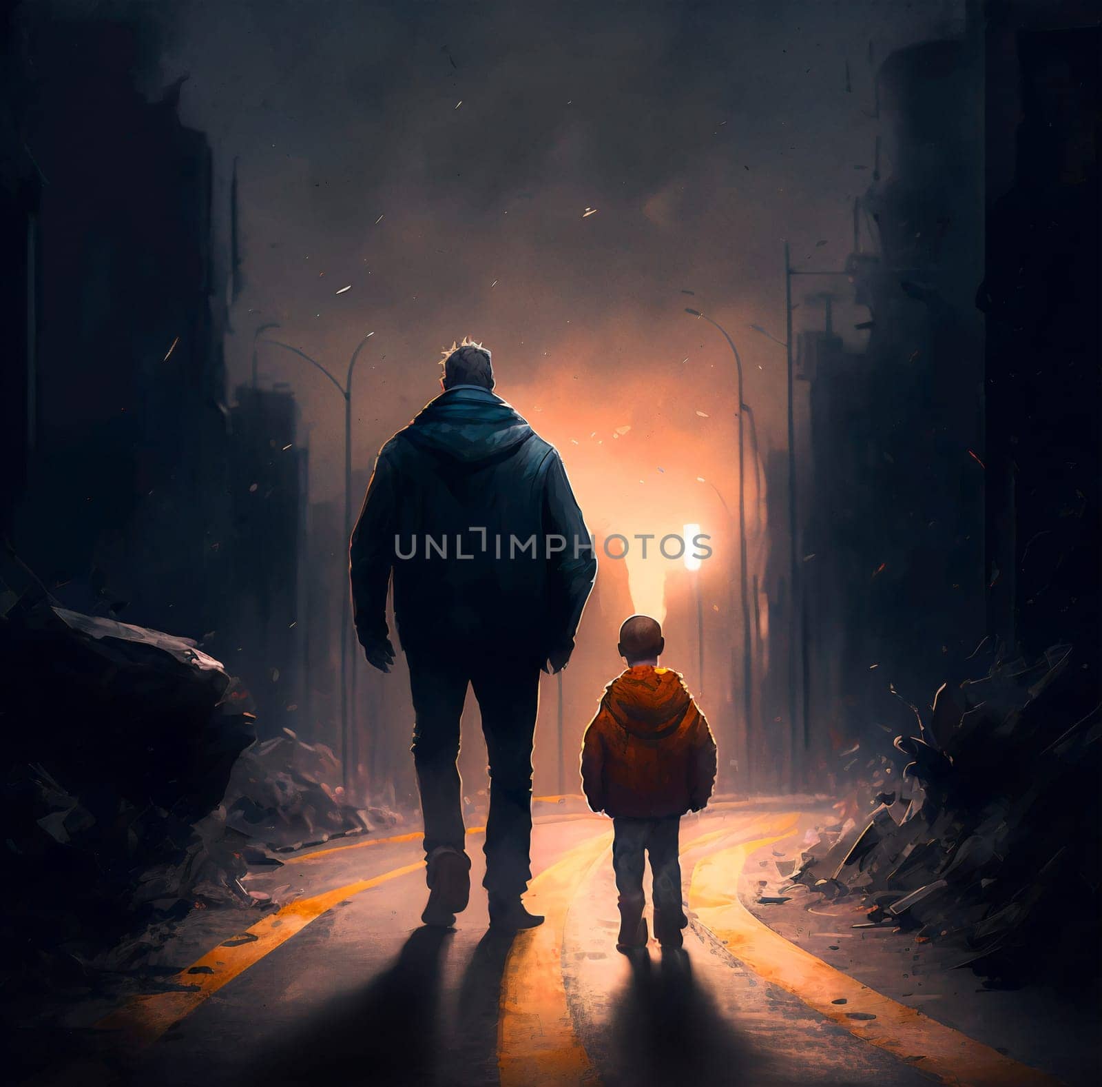 The painting depicts a father and son on a journey from a dark road full of depression to a brighter and more optimistic road. The painting has a cinematic style and lighting, creating a happy and urban impression.