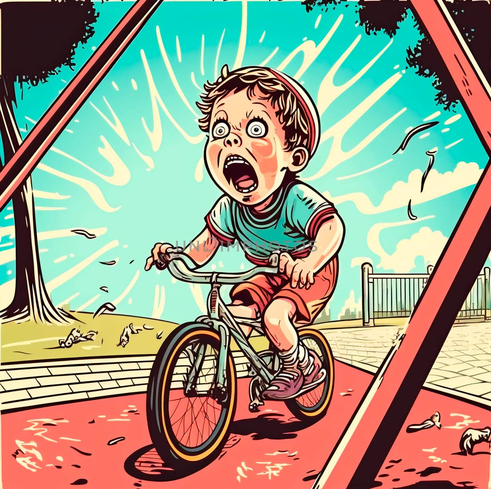 This painting depicts a child falling off his bicycle in a comics style, with high resolution 4K quality. The scene is funny and captures the child's shocked expression. The background of the painting is of a playground.