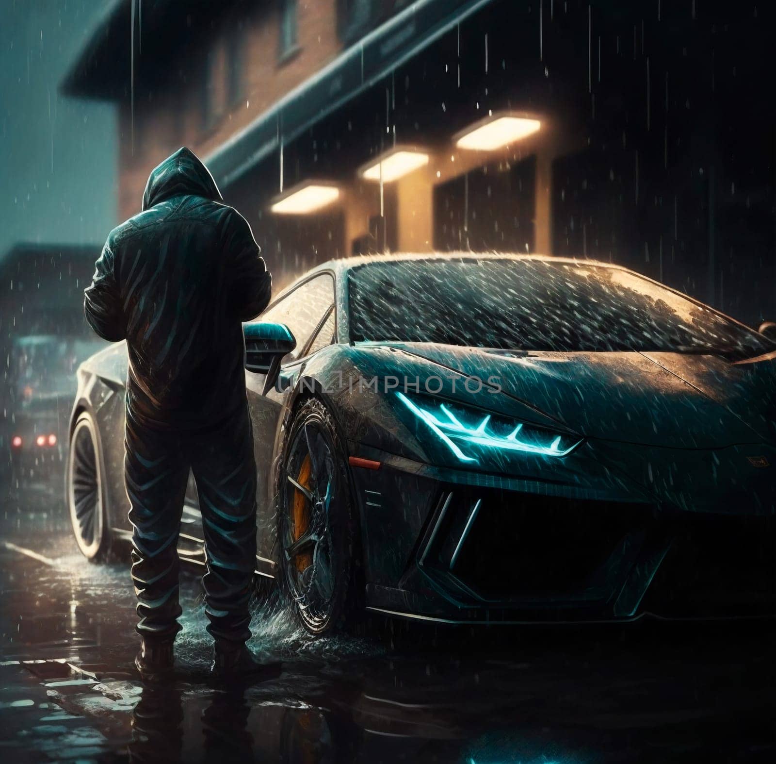The painting depicts a friend washing a car in the rain, creating a dramatic and cinematic impression. It conveys the atmosphere of a person's mood and state of mind when they understand that not everything has to be perfect.