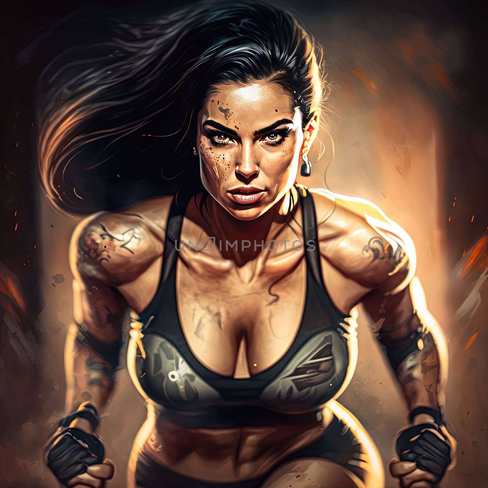 This painting captures the image of a strong and determined woman engaged in an adventure-inspired workout in a beautiful natural setting. The painting celebrates the spirit of adventure and the power of physical fitness.