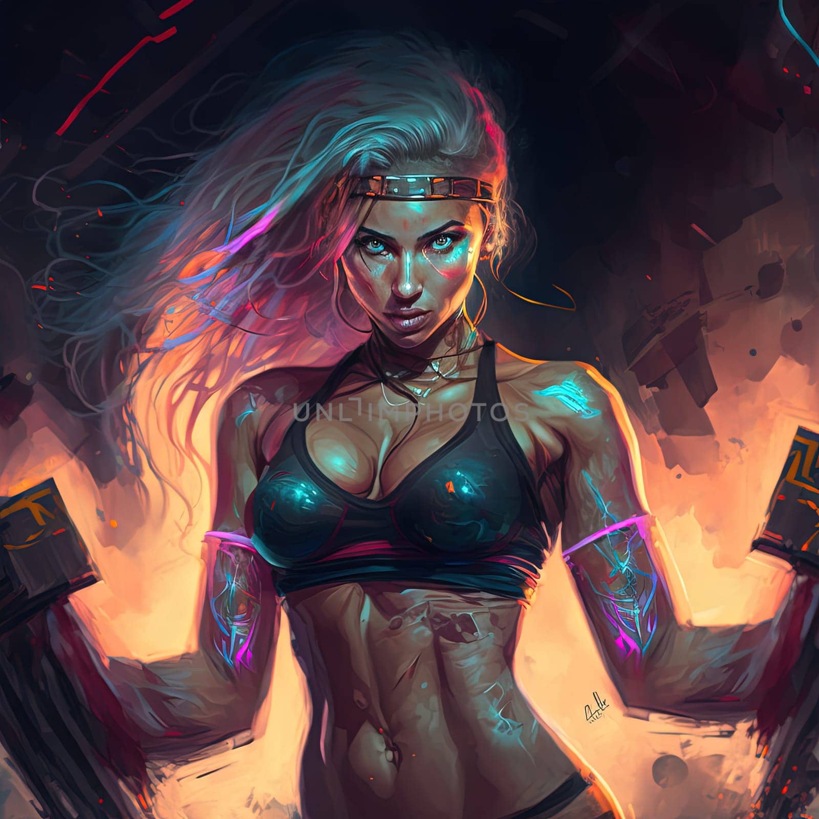 This painting depicts a fitness girl performing an exotic workout in an unknown location, possibly a tropical paradise, showing her strength and determination. The painting captures the exotic and adventurous spirit of physical fitness.