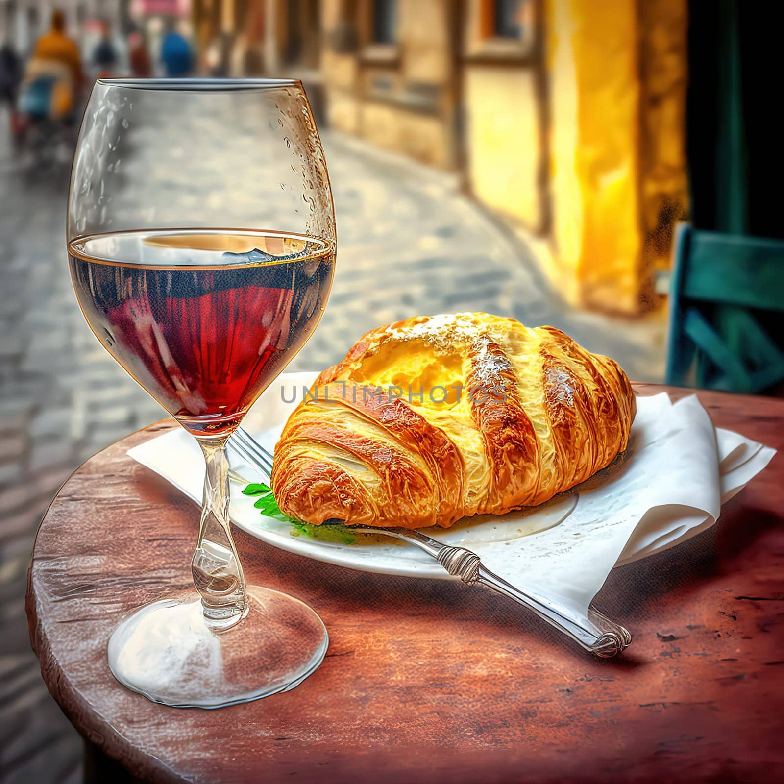 A beautiful photograph of a French croissant filled with cheese, paired with a glass of red wine in a street cafe in France. The image captures the charming atmosphere of Parisian street cafes and the indulgence of traditional French cuisine. The photograph showcases the simplicity, yet sophistication of the pairing of croissant and wine and the perfect moment of enjoying a delicious meal in the beautiful city of Paris.