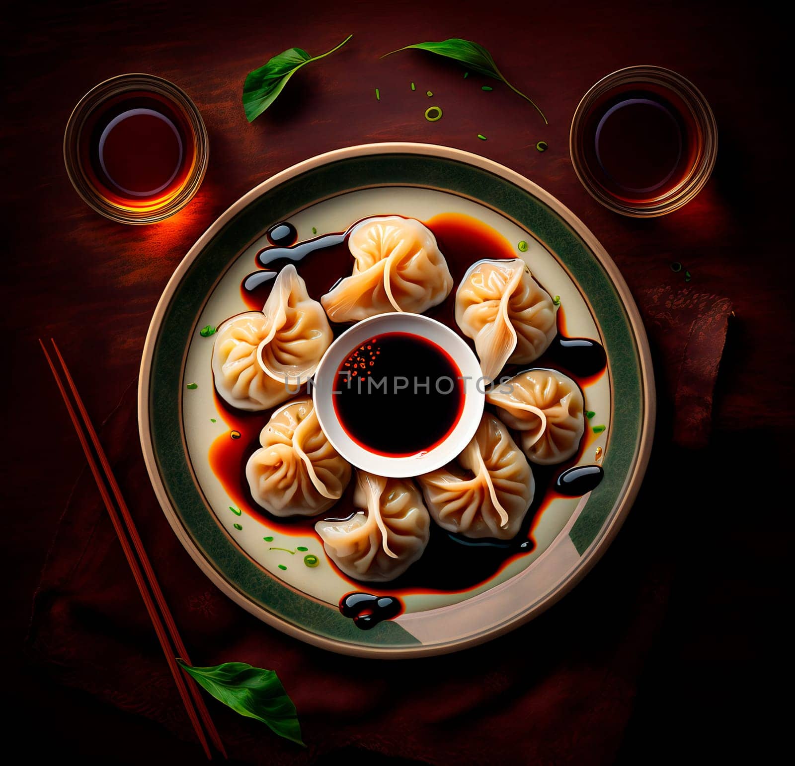 An image of a plate of freshly made Chinese dumplings, with soy sauce and vinegar on the side. The dumplings are steaming and look appetizing