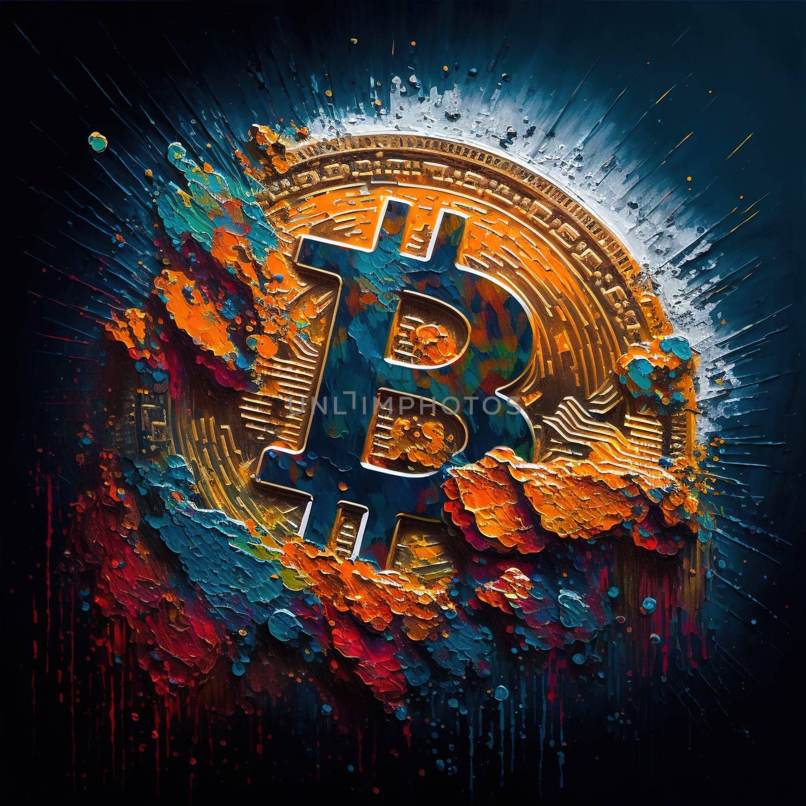 This painting is a representation of a Bitcoin coin, done in an abstract acrylic style with expressive brushstrokes, vibrant colors, and a non-representational form. The painting conveys movement and uses emotionally derived colors.
