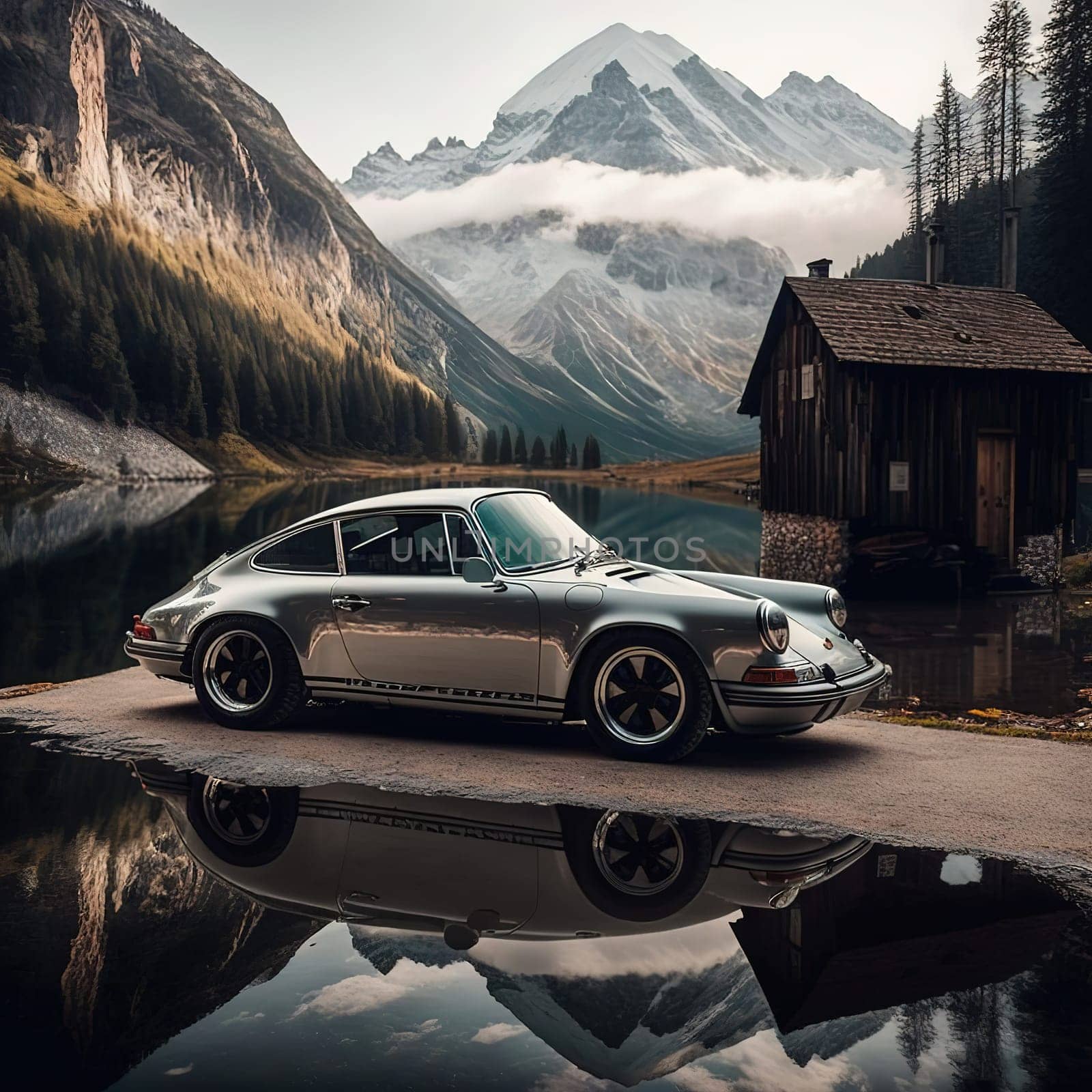 A beautiful photograph of a Porsche 911 in Austria, showcasing the car's sleek and sporty design amidst the stunning alpine landscape. The image captures the car's dynamic movement and speed, highlighting the contrast between the natural beauty and the technological advancement. The photograph illustrates the luxury and performance of the Porsche 911 in the heart of Austria.