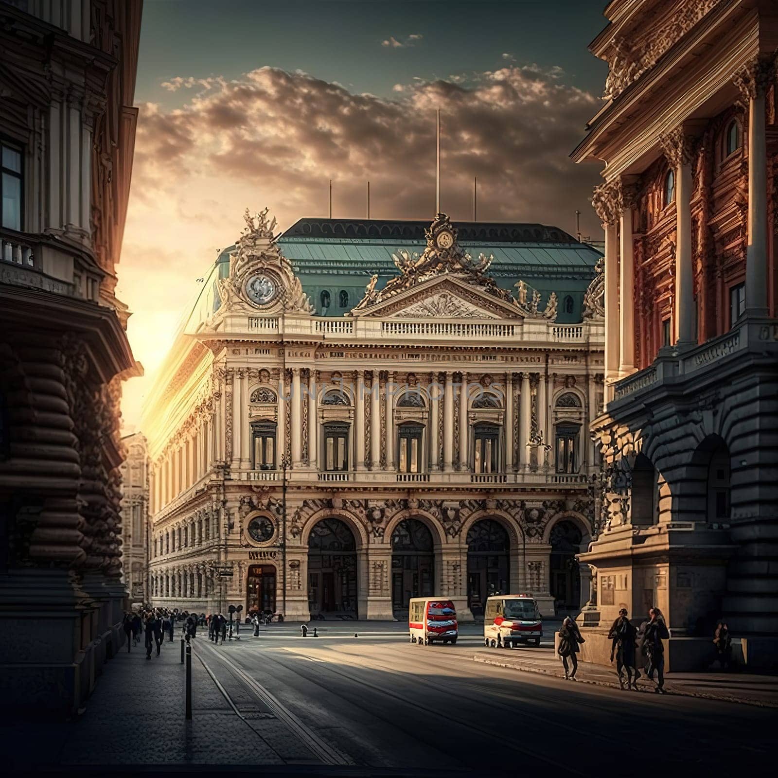 This stunning photograph captures the historic center of Vienna, with its grand baroque buildings and the iconic Opera House standing tall in the background. The intricate architecture and vibrant streets transport the viewer to the heart of this charming city.