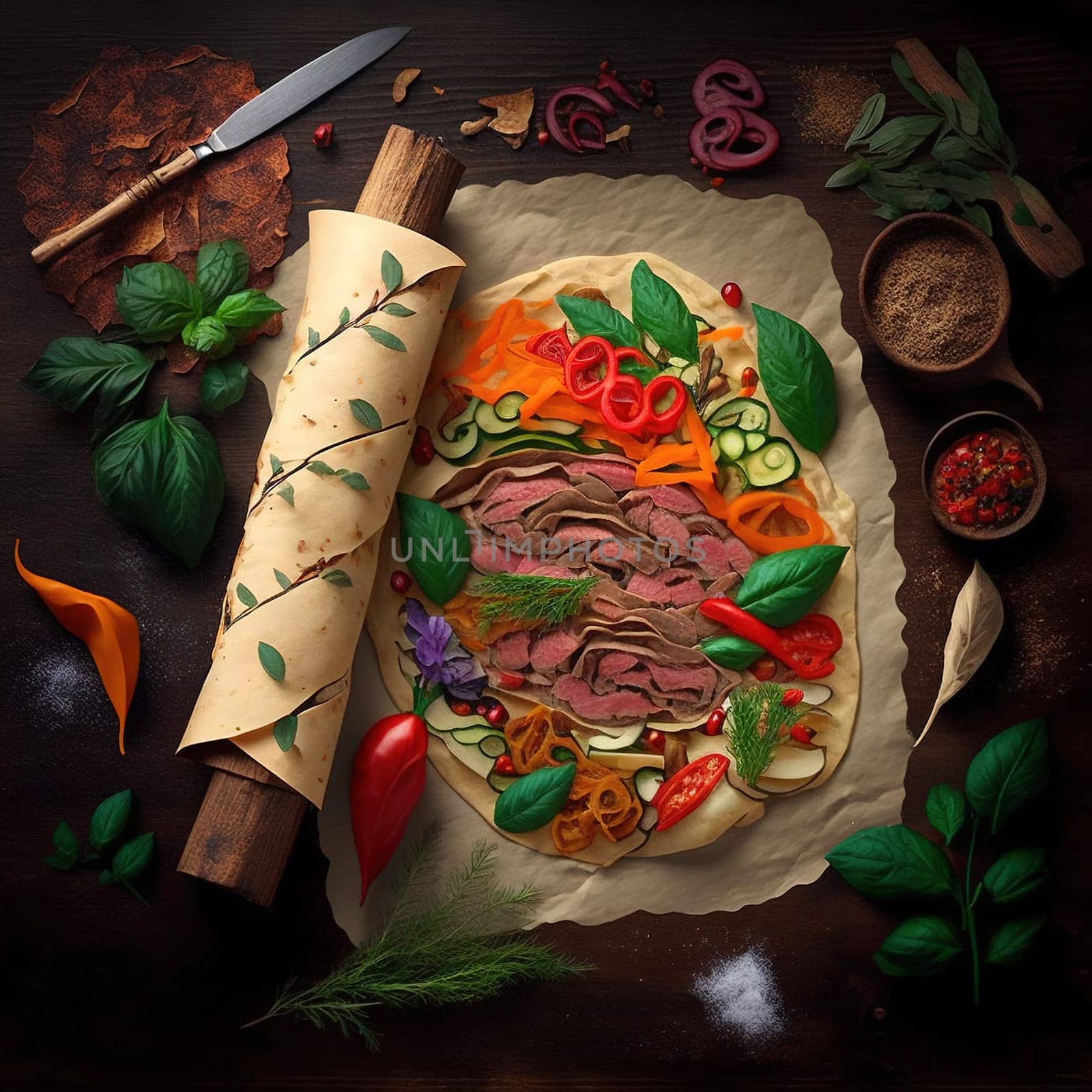 This mouth-watering piece captures the succulent and savory beauty of a traditional lavash wrap filled with juicy meat and fresh vegetables. The vibrant colors and dynamic composition showcase the delicious ingredients and the cultural heritage of the dish.