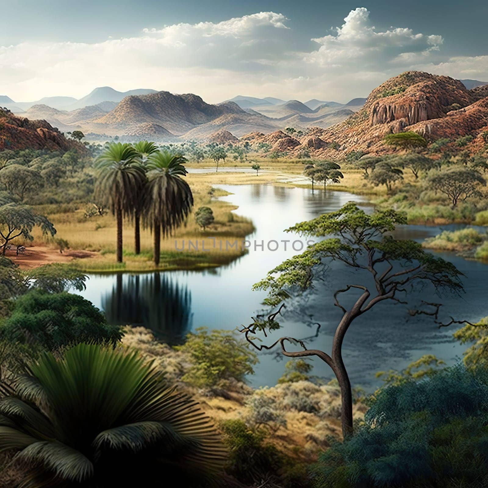 The painting depicts the lush landscape of the Parque Nacional do Kumbira, Angola's main attraction, known for its rich flora and fauna, and unique wildlife. The image is generated with the use of an AI.
