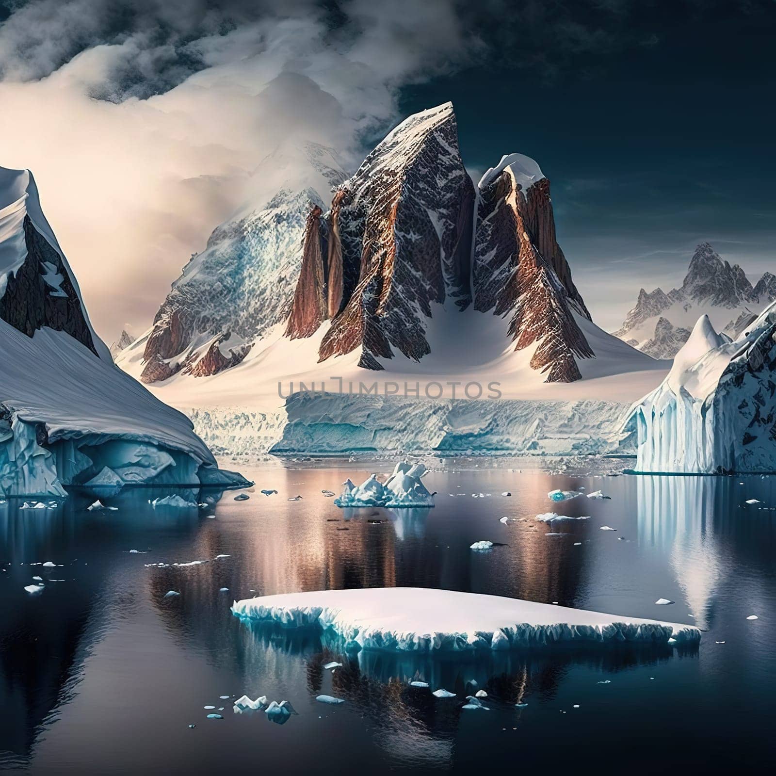 This painting depicts the natural landscapes and geological formations that are the main attraction of Antarctica, such as mountains, glaciers, and valleys, that preserve the uniqueness of the Antarctic ecosystem and natural resources. The image is generated with the use of an AI, which allows for a unique interpretation of the natural beauty of the continent. The image captures the grandeur and awe-inspiring beauty of the Antarctic landscapes, known for their scientific research and study of Earth's climate and geology.