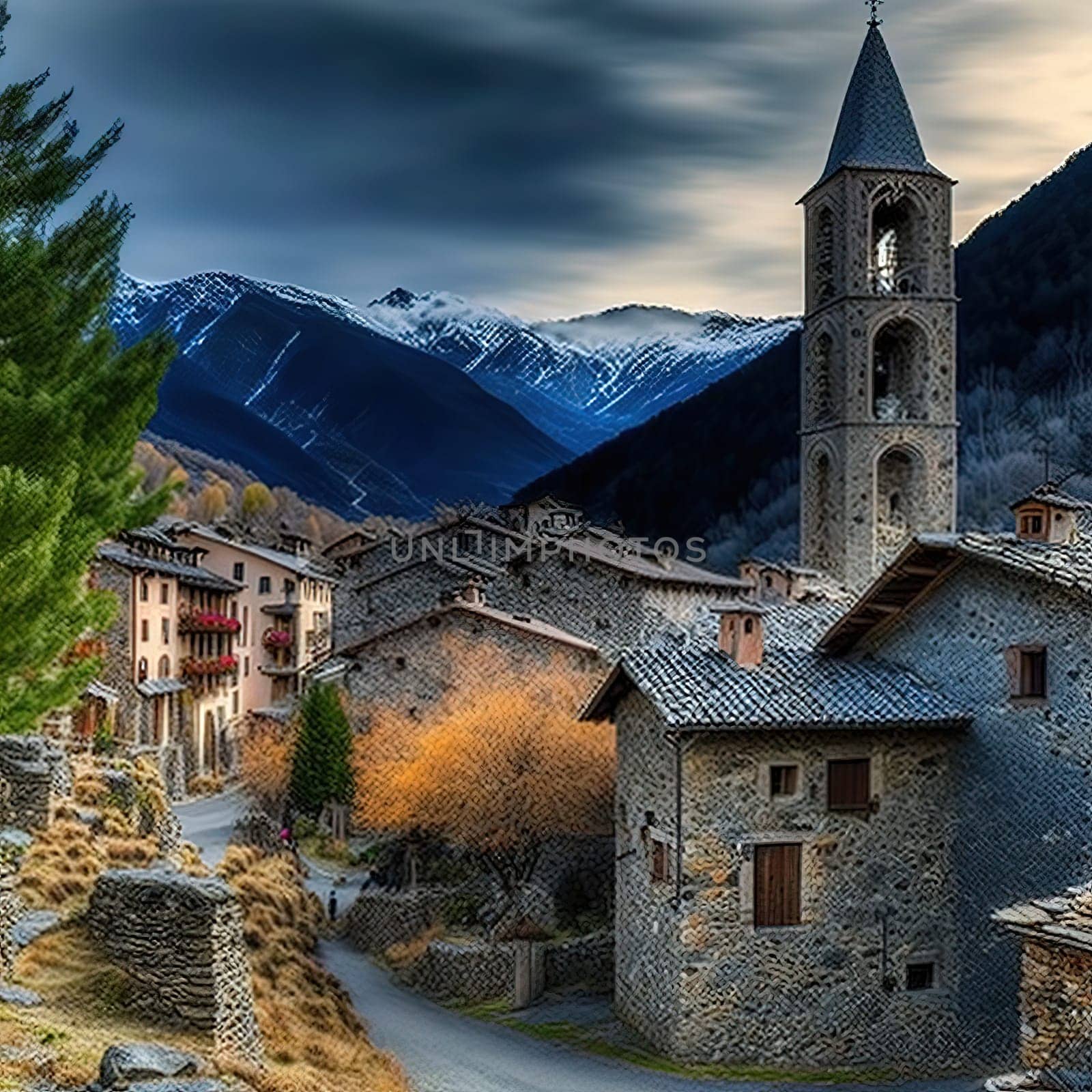This painting depicts La Vila d'Ordino, the main attraction of Andorra. It is a beautiful village with picturesque landscapes and historical buildings. The village is known for its Catalan traditions, architecture, and stunning mountain views. The image is generated with the use of an AI, which allows for a unique interpretation of this traditional Andorran village. The vibrant colors and intricate details showcase the rich cultural heritage and natural beauty of La Vila d'Ordino.