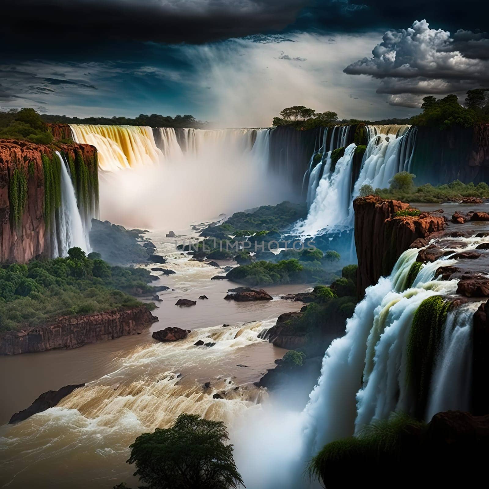 The Iguazu Falls, a grand display of water cascading from the border of Argentina, Brazil, and Paraguay. The image captures the raw power and natural splendor of this popular tourist destination. The image is generated with the use of an AI