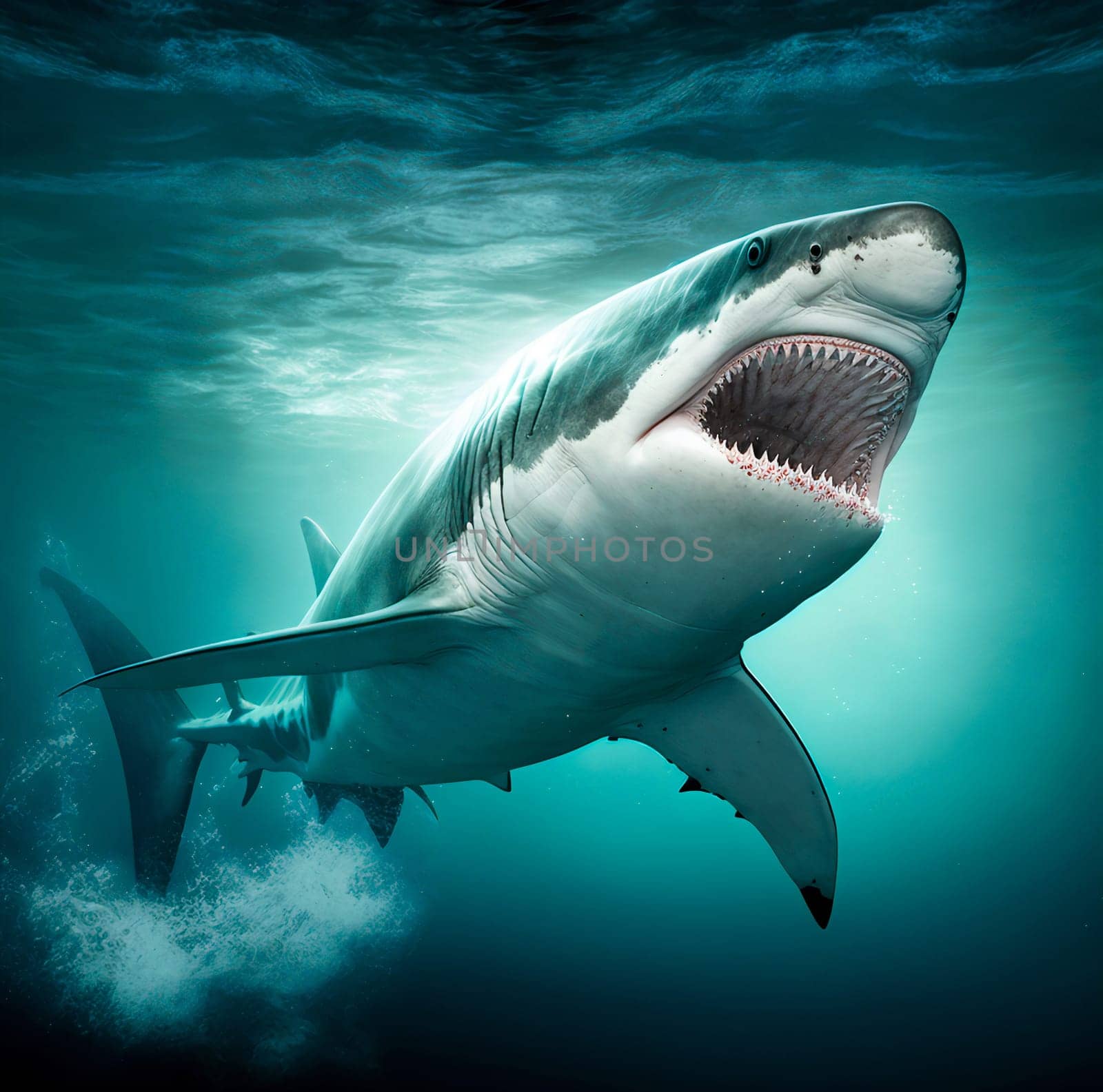 A painting of a shark in an aggressive posture, colored white and green, representing power and the capability to attack.