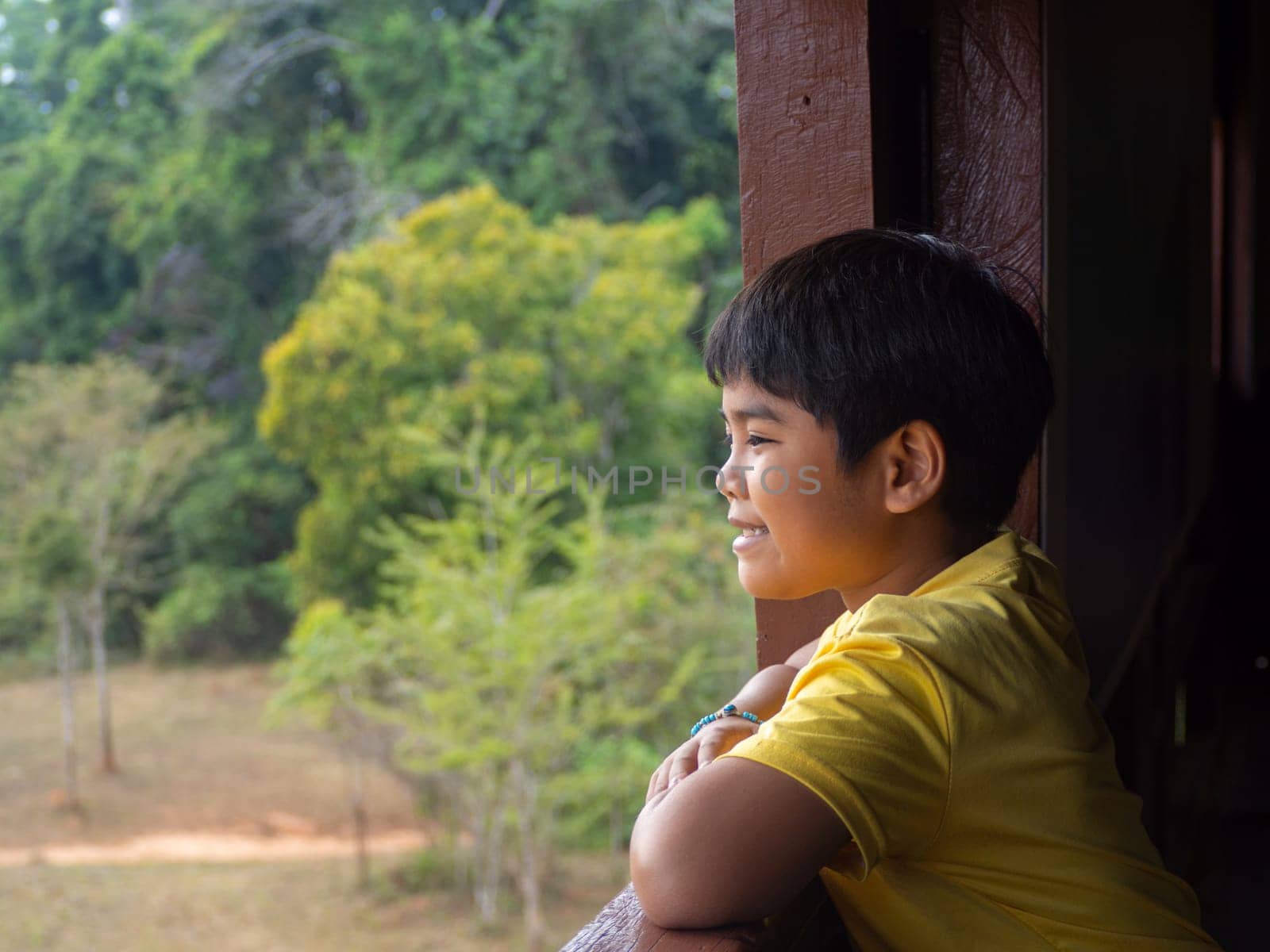 boy looking out window looking at the green forest