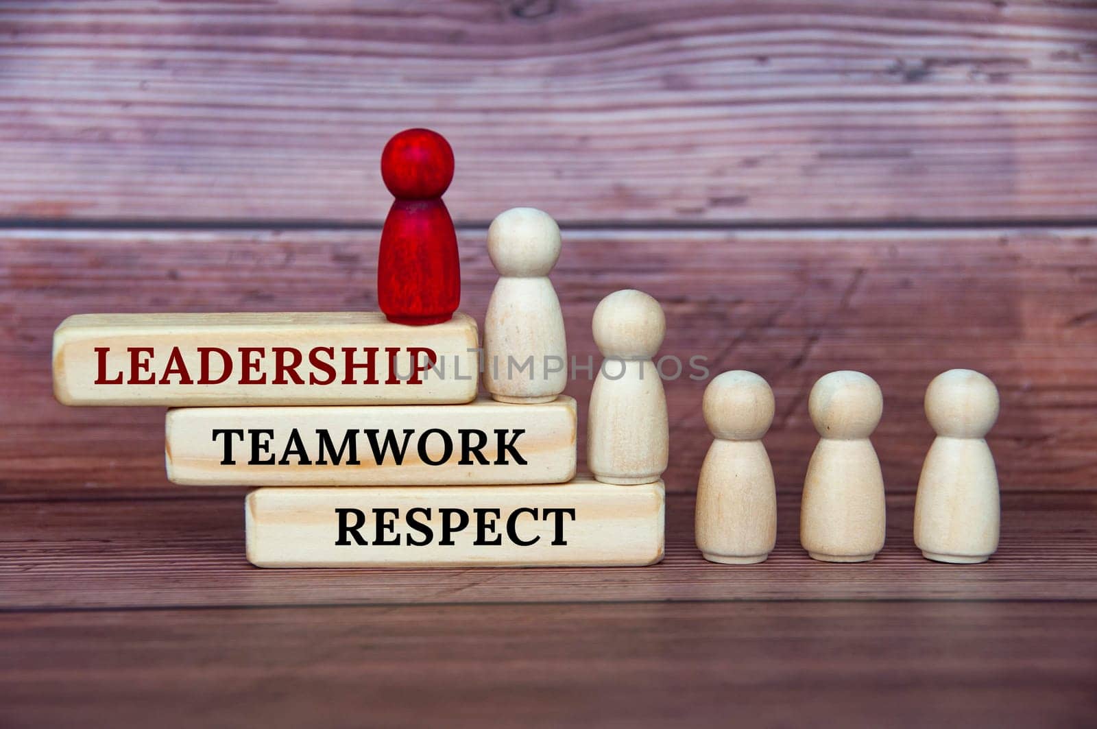 Leadership concept - Leadership, teamwork and respect text on wooden blocks with red and white doll figure on wooden cover background.