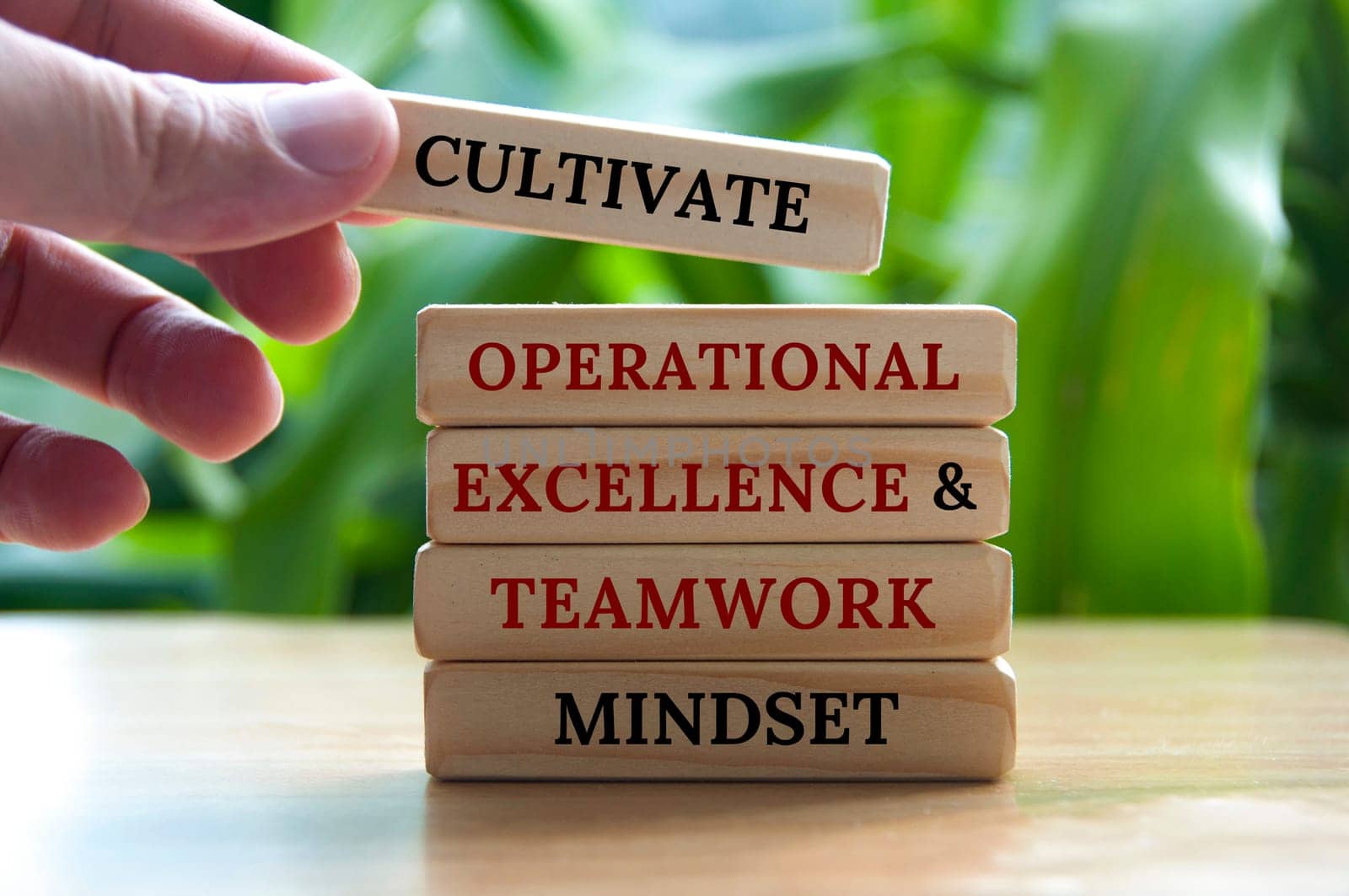 Cultivate operational excellence and teamwork mindset text on wooden blocks with blurred nature background.