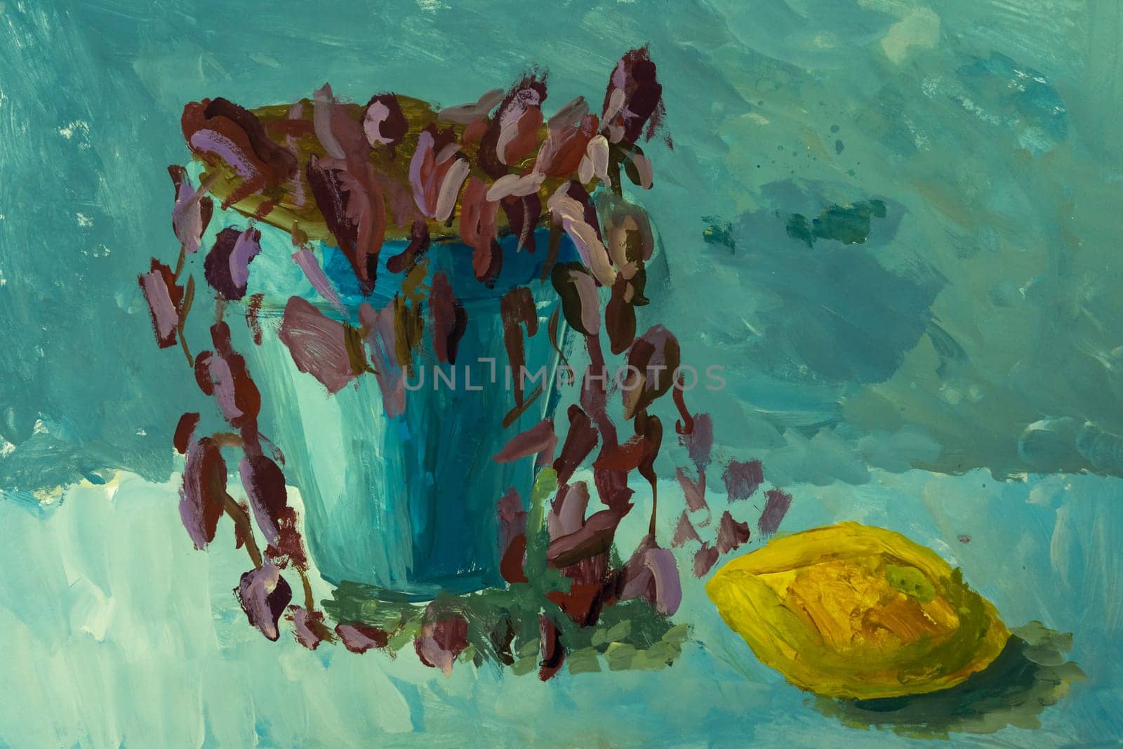 Composition still-life of painting of purple houseplant indoor plant in blue pot and lemon on blue background painted by child with watercolor. Art, creativity, development, watercolor, childhood.