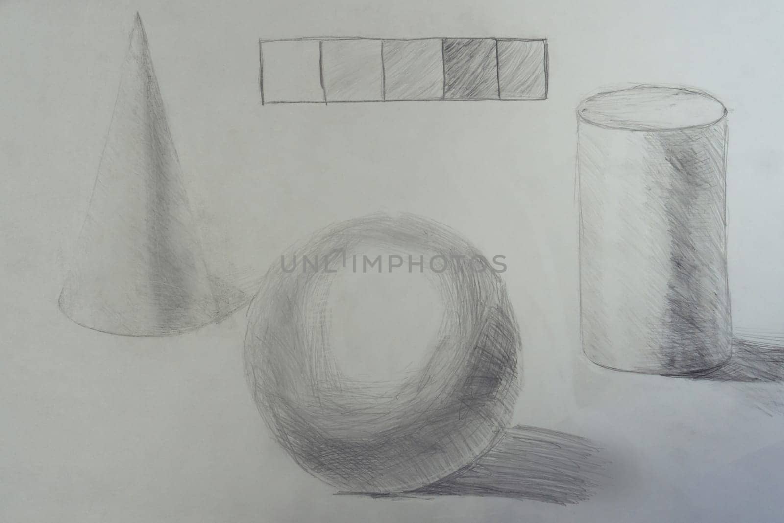 Neat drawing picture sketch of three-dimensional geometric figures shapes of sphere ball, cone, cylinder, shading on white background drawn by child with pencil. Art, development, education, drawing.