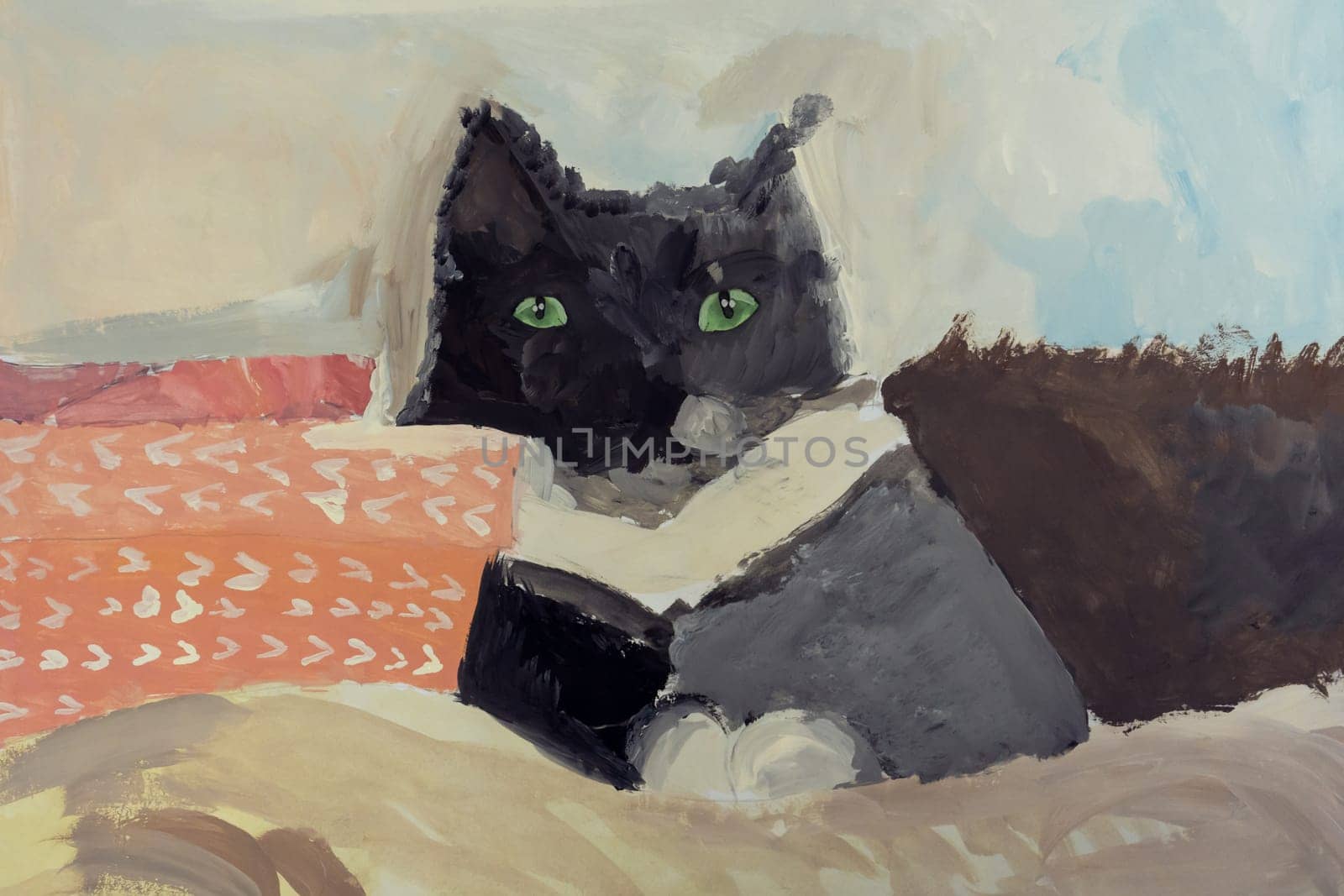 Wonderful painting of calm black white cat with green eyes pet lying on sofa near orange box painted by child. Art, creativity, development, education, pet love, watercolor, creative work, childhood.
