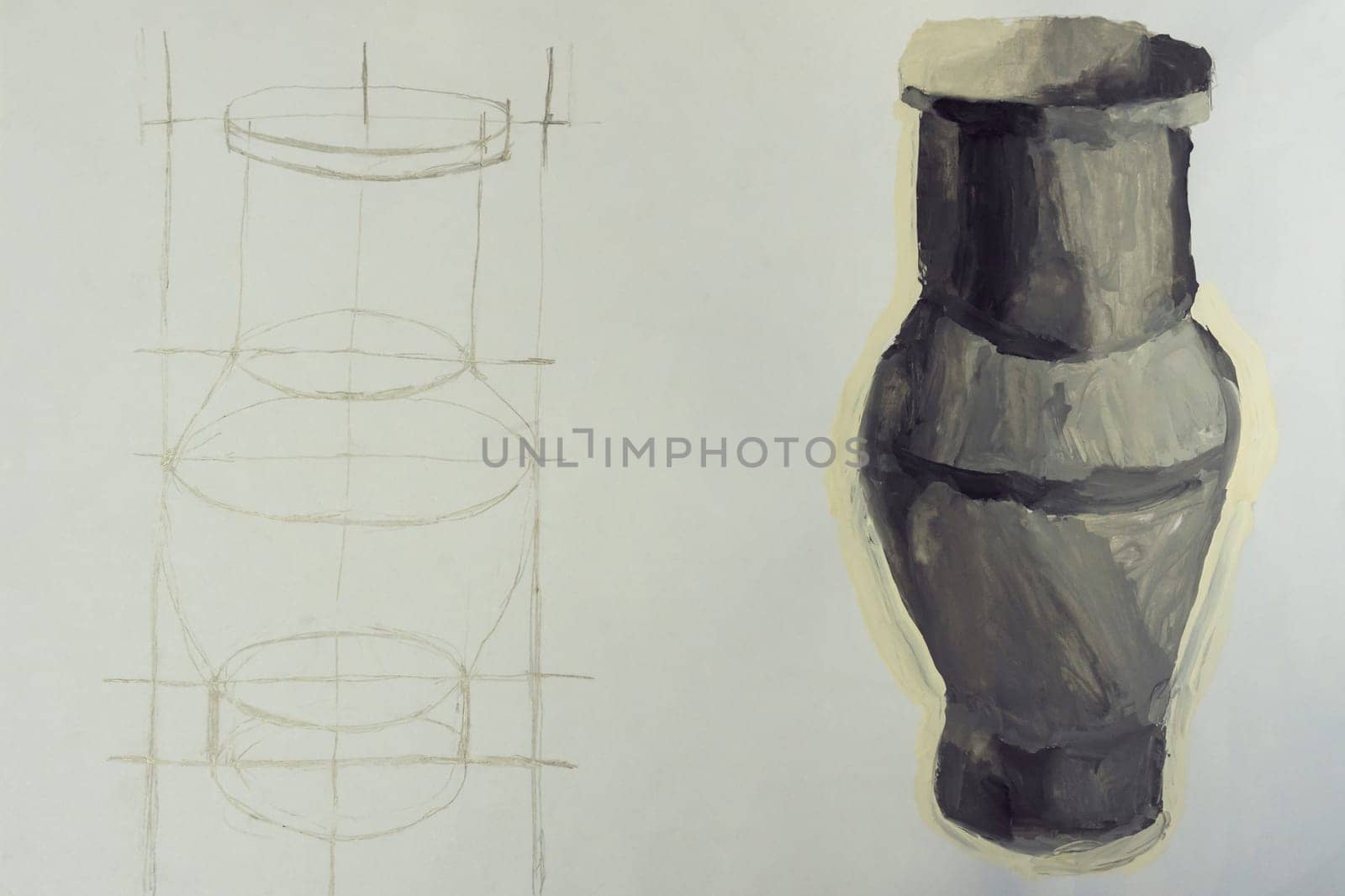 Composition of drawing sketch of three-dimensional vase and painting of grey vase on white background drawn by child with pencil and watercolor. Artwork, development, education, drawing, painting.