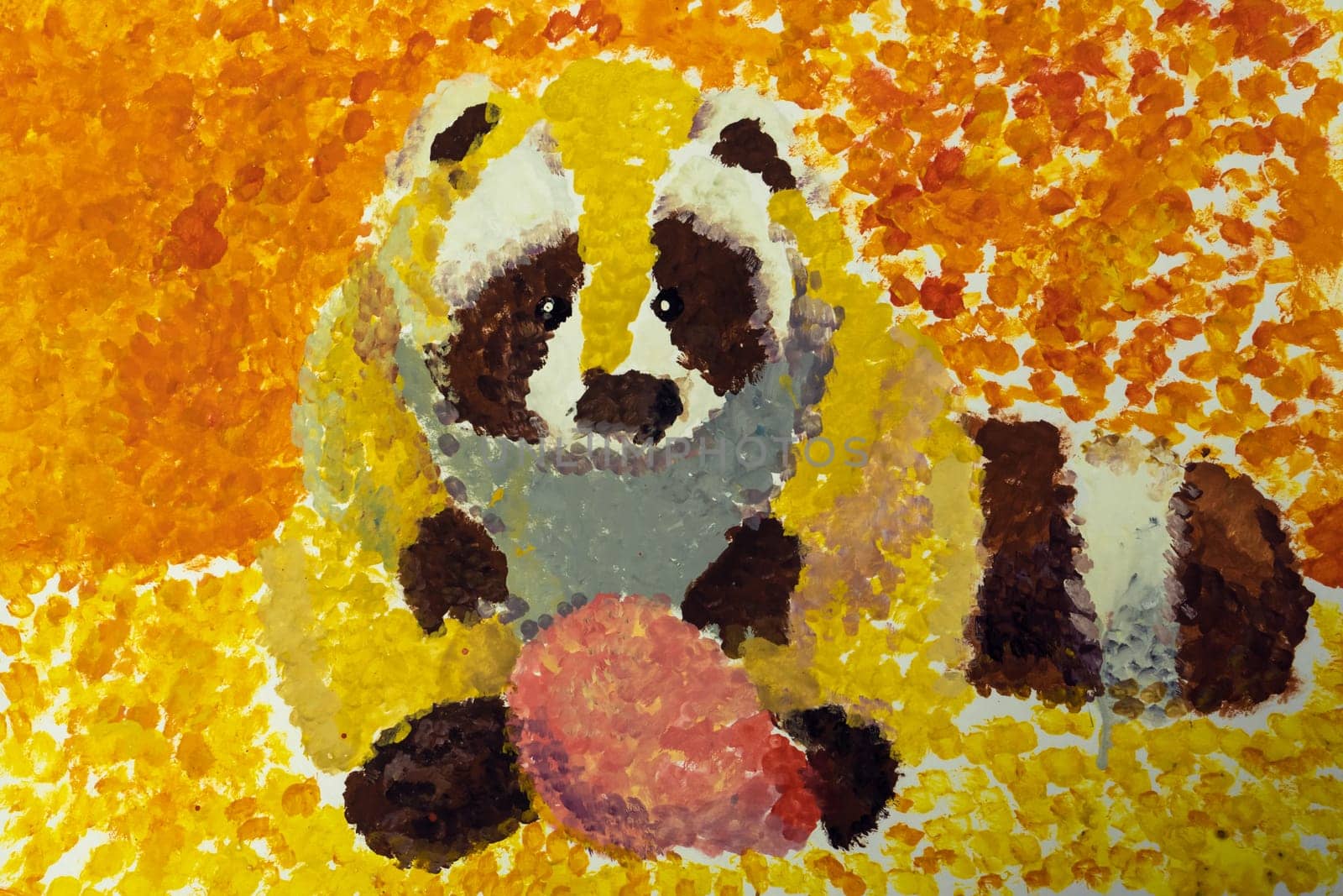 Beautiful painting of cute black white raccoon near pear on orange background painted by child with watercolor. Art, creativity, development, education, animals, watercolor, creative work, childhood.