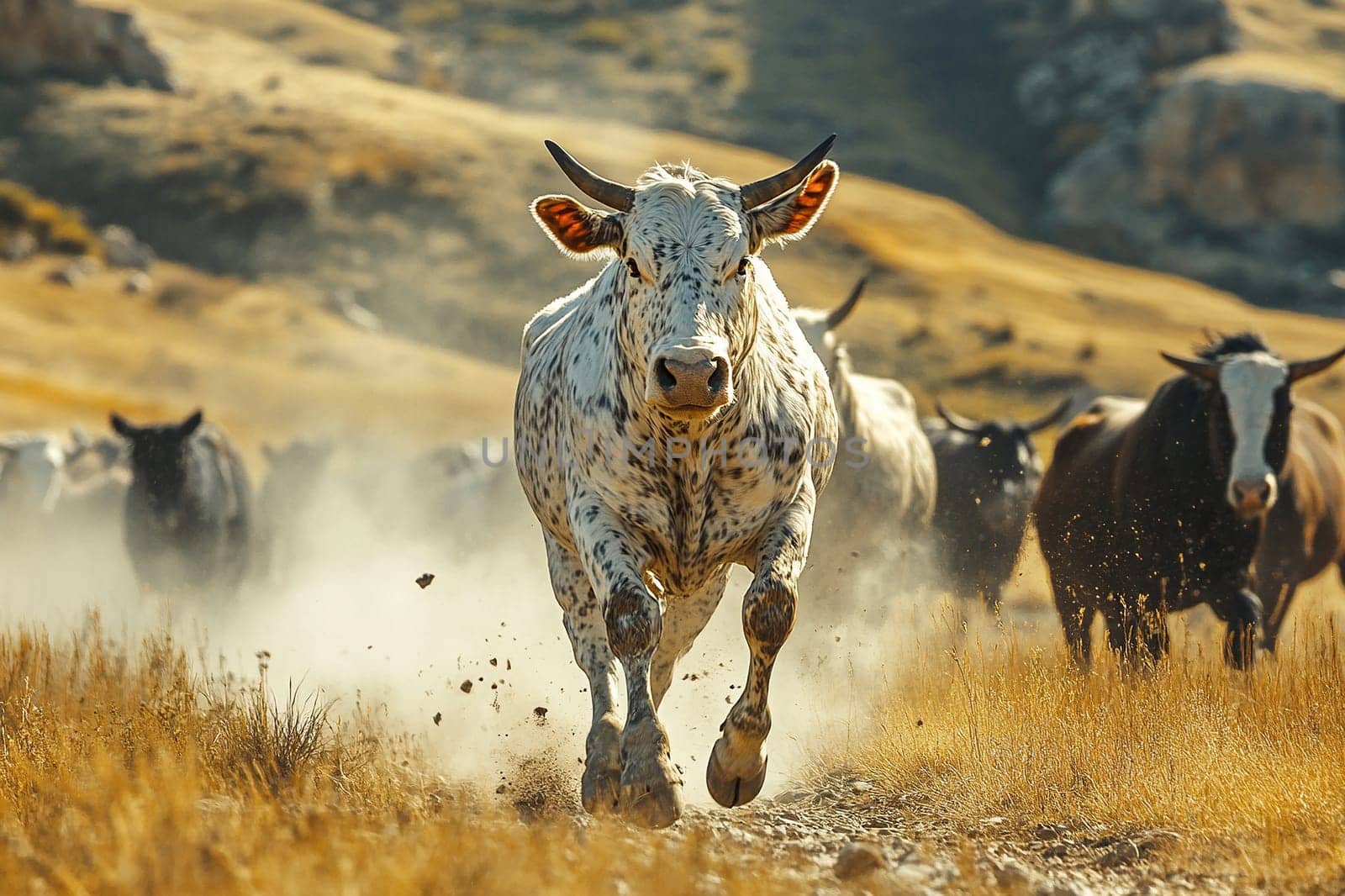A herd of bulls and cows with horns run into a field raising dust.