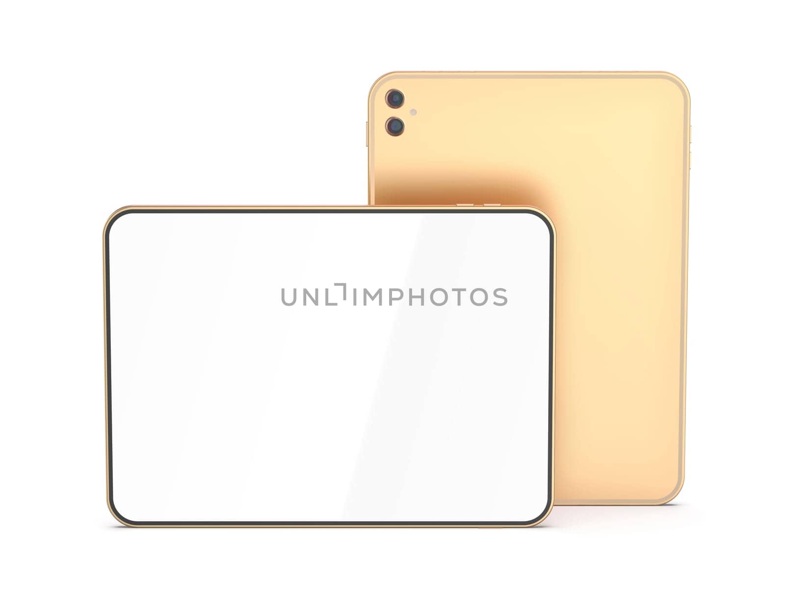 Two rose gold colored tablet computers on white background, front view