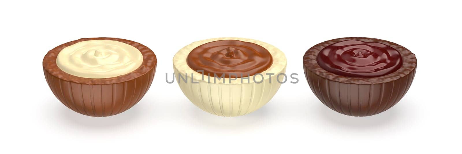 White, dark and milk chocolate candies with different fillings inside