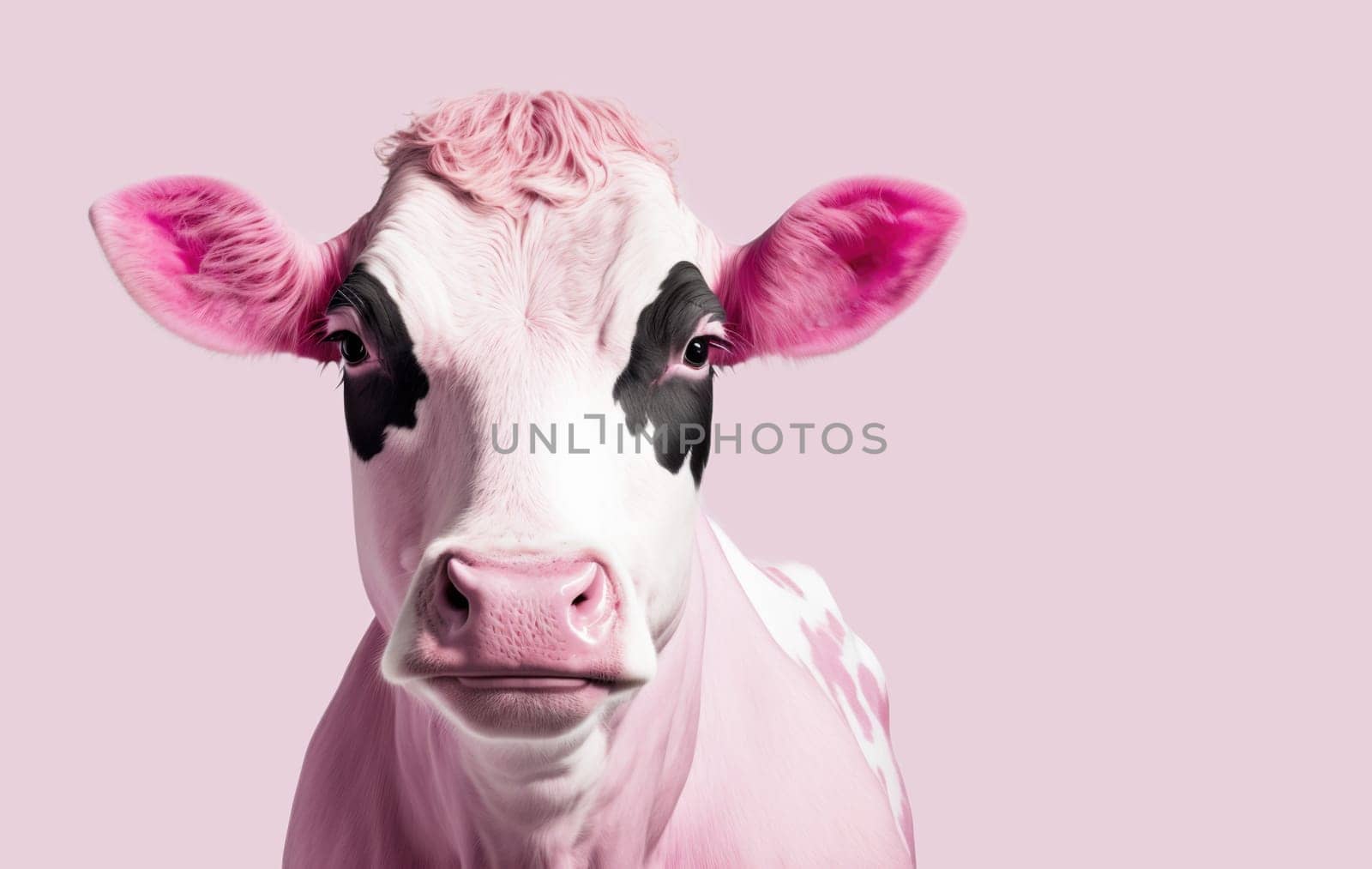 Portrait of pink cow against pink background. Generative AI