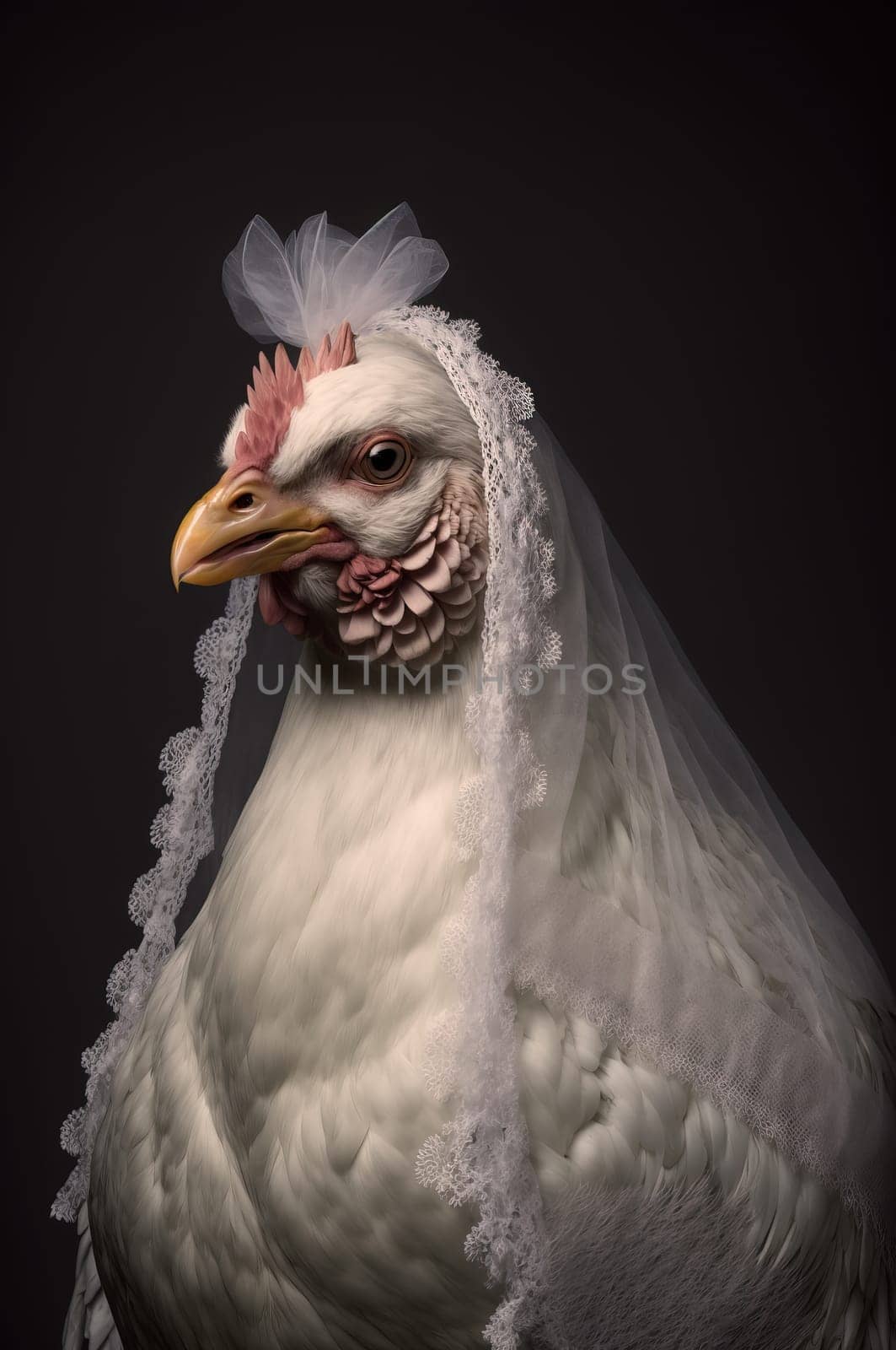 Chicken wearing a veil against dark background. Generative AI