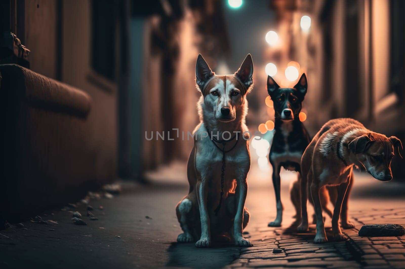 Stray dogs on the street looking sad. Generative AI