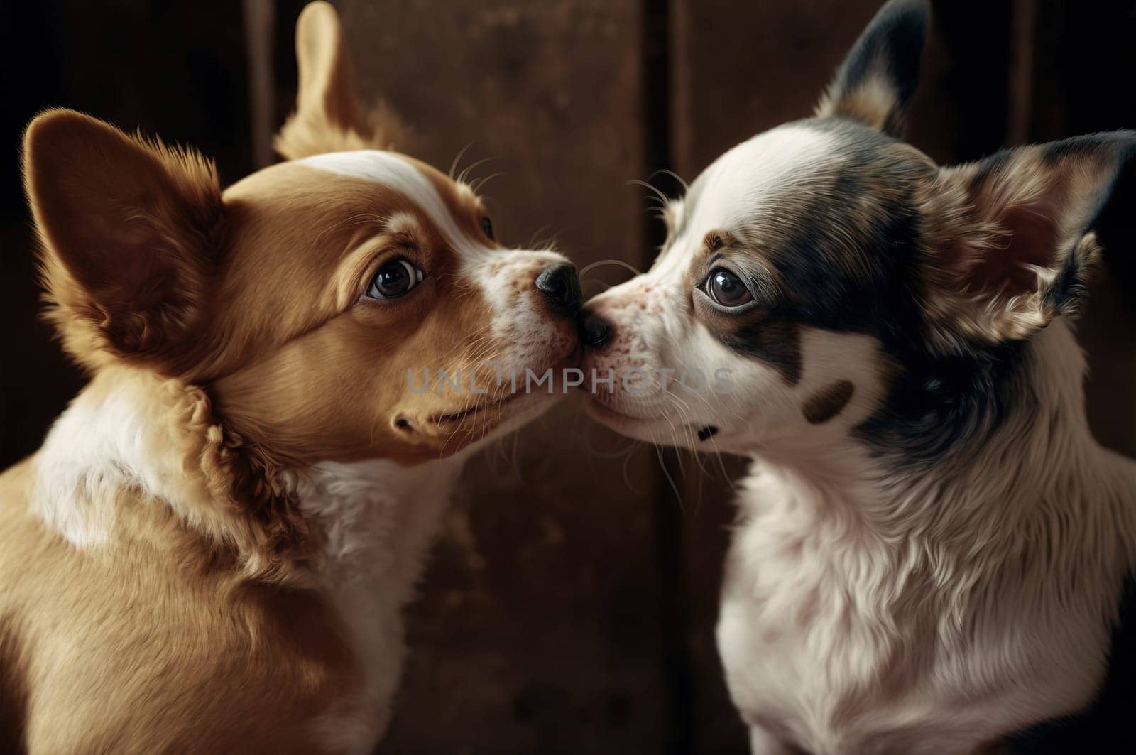 Two cute mixed breed dogs kissing each other. Generative AI