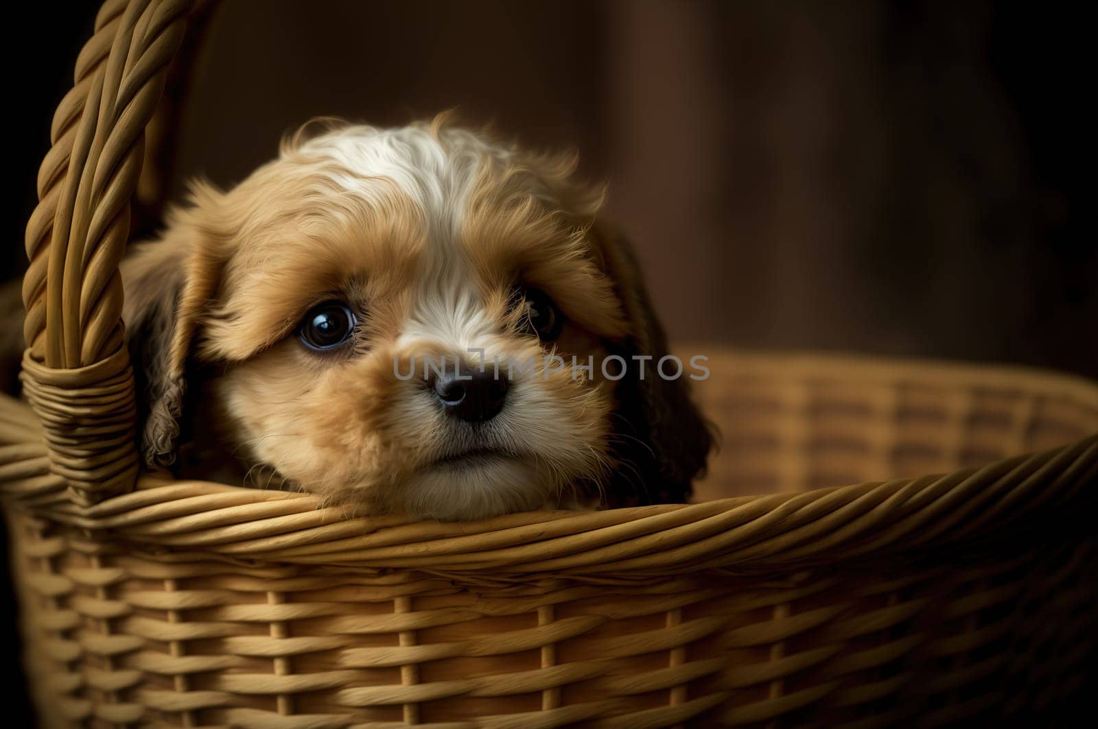 Cute puppy in a basket. Generative AI