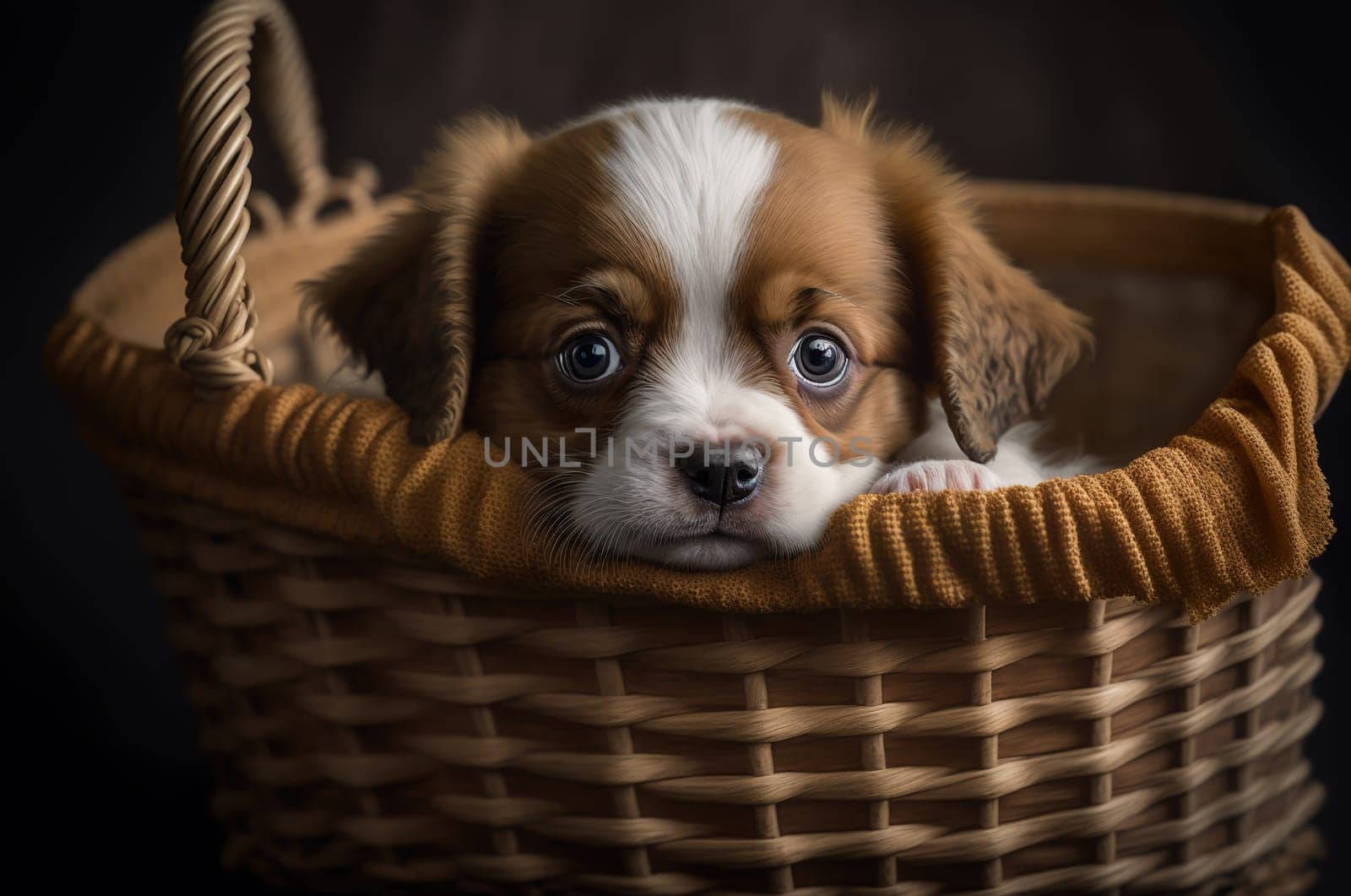 Cute puppy in a basket. Generative AI