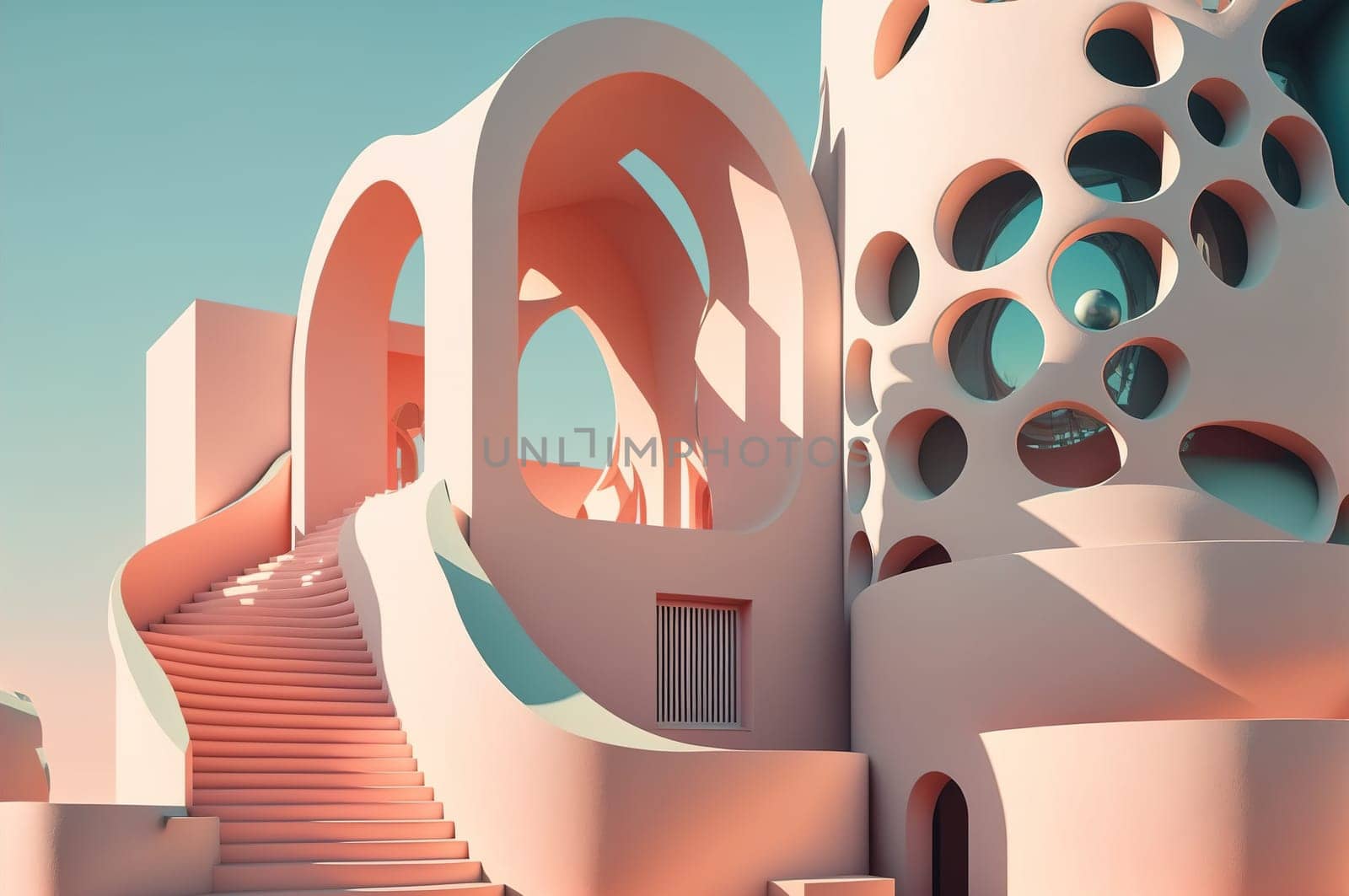Futuristic pink apartment building with curved facades against light blue sky. Generative AI