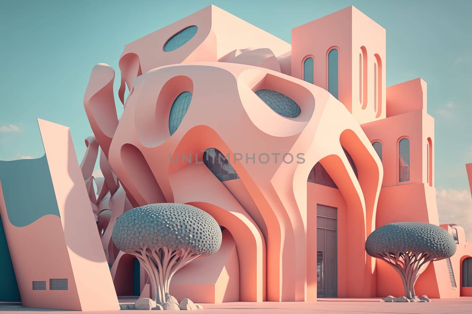 Futuristic pink apartment building with curved facades against light blue sky. Generative AI