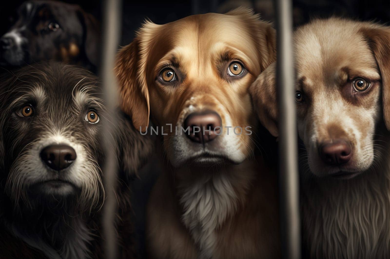 Dogs in a shelter behind bars. Generative AI