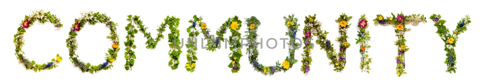 Blooming Flower Letters Building English Word Community. Summer And Spring Season Blossoms And Flower Lei.