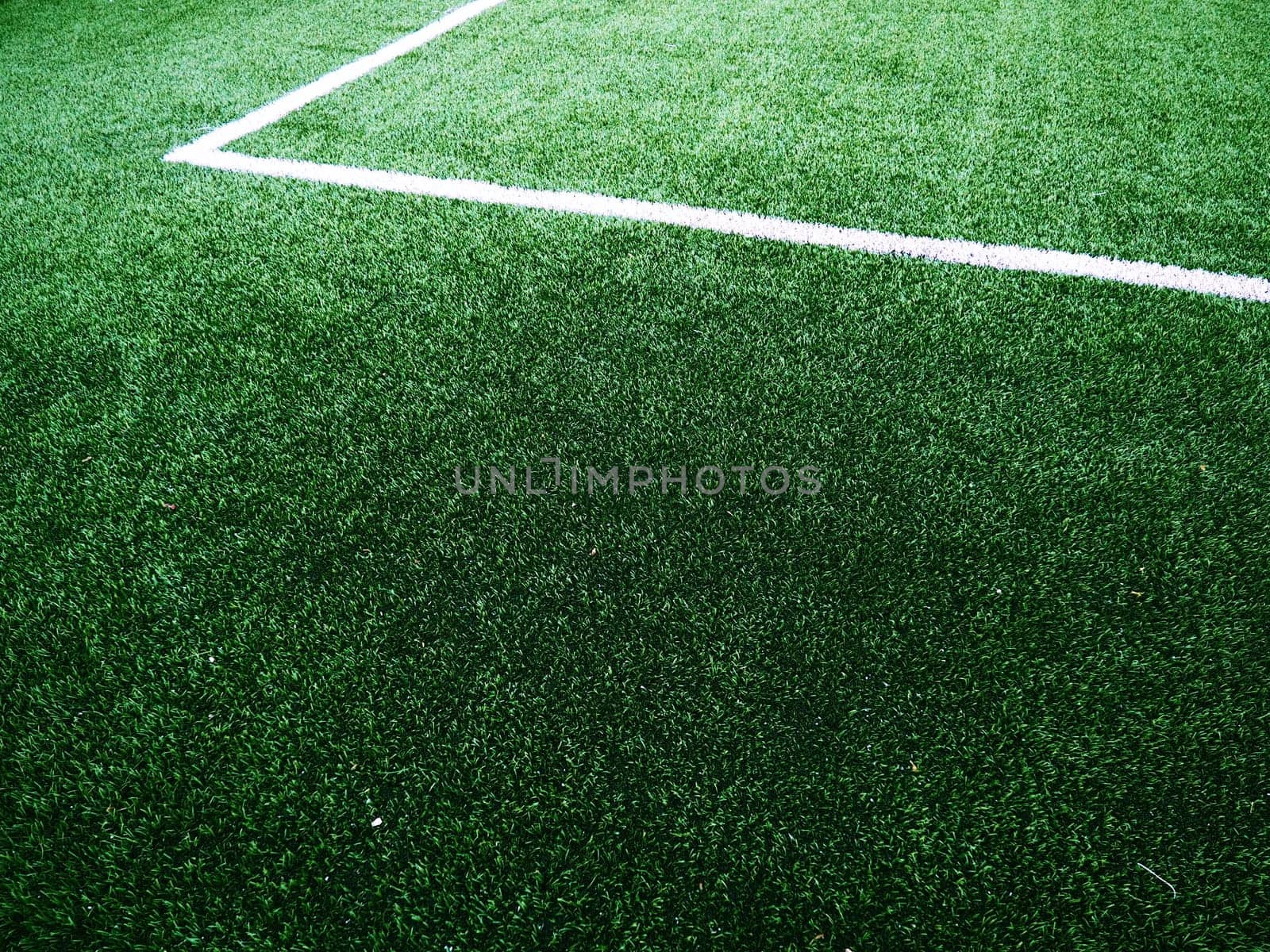 The marking of the football field on the green grass. White lines no more than 12 cm or 5 inches wide. Football field area