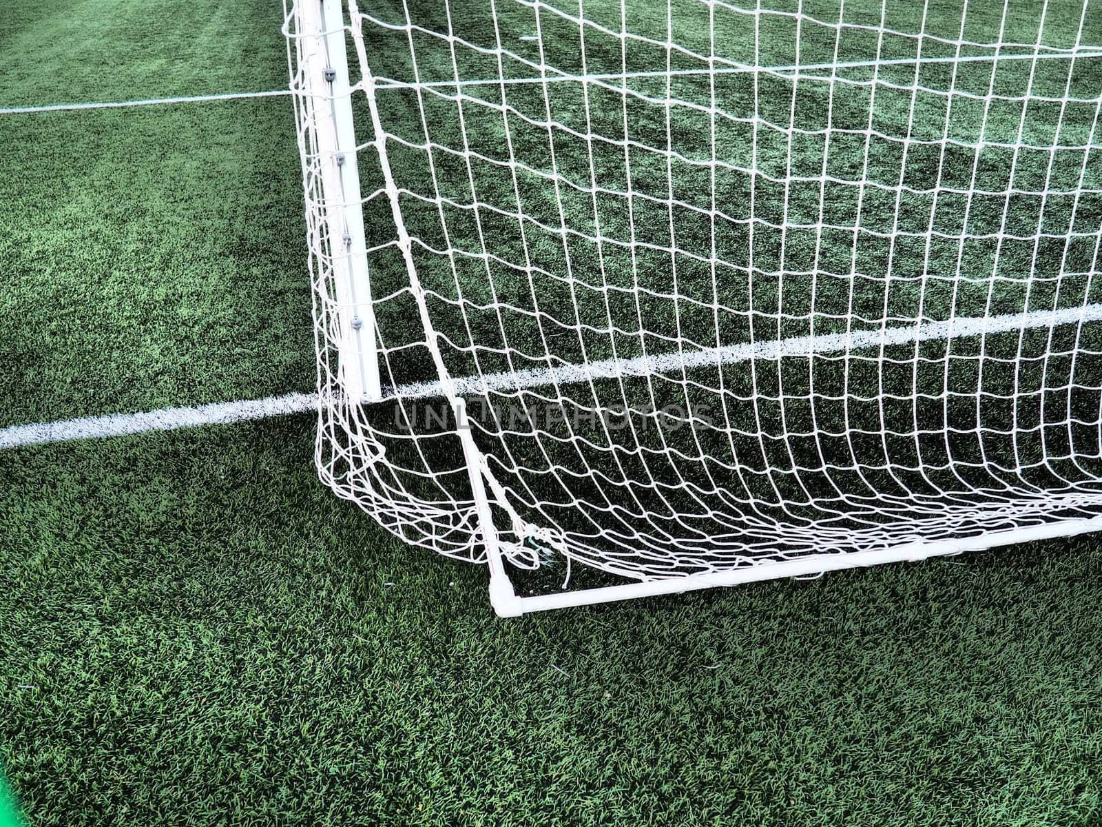 Soccer Goal Net with Grass Background. Football field markings and stripes.