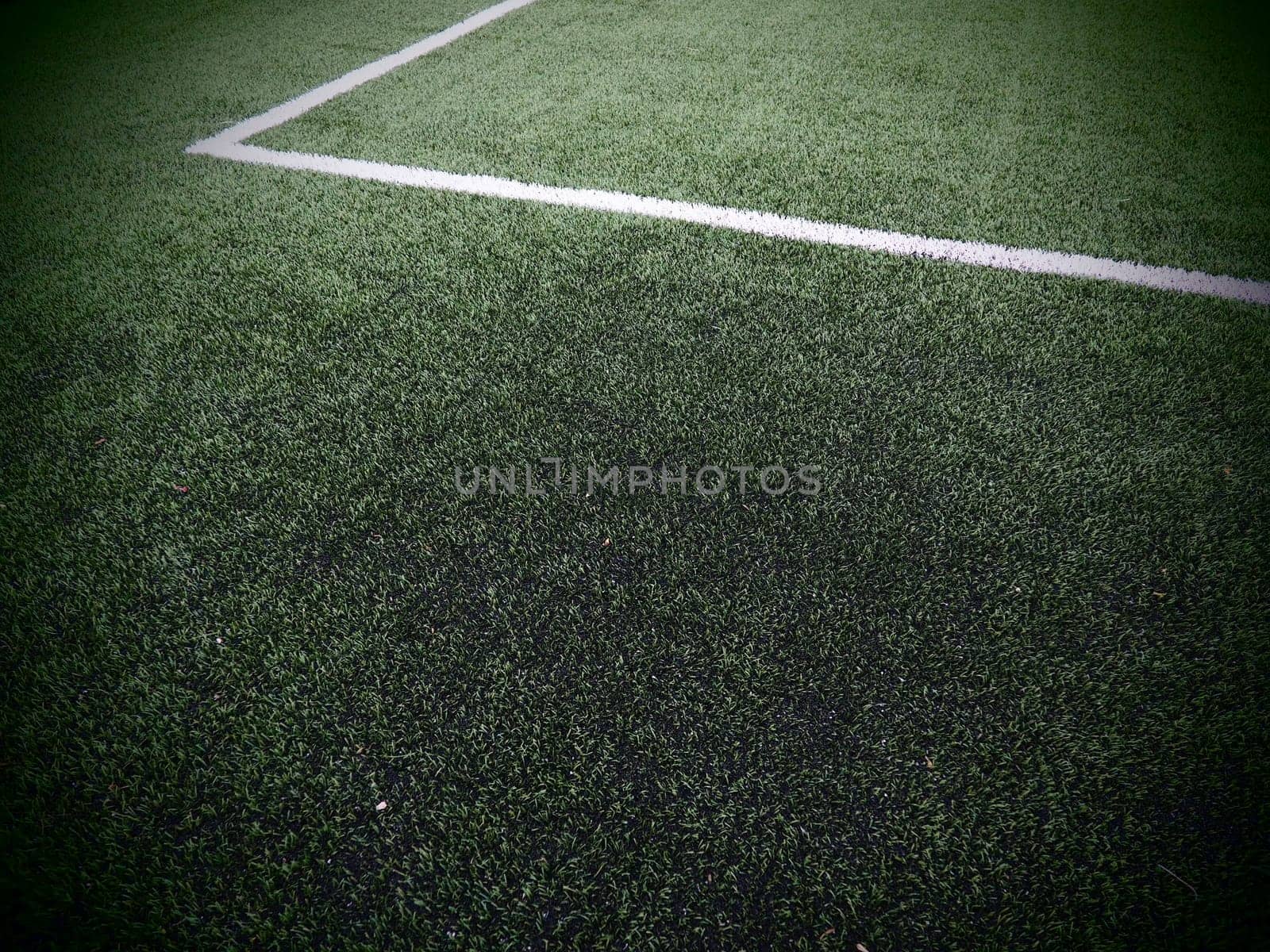 The marking of the football field on the green grass. White lines no more than 12 cm or 5 inches wide. Football field area