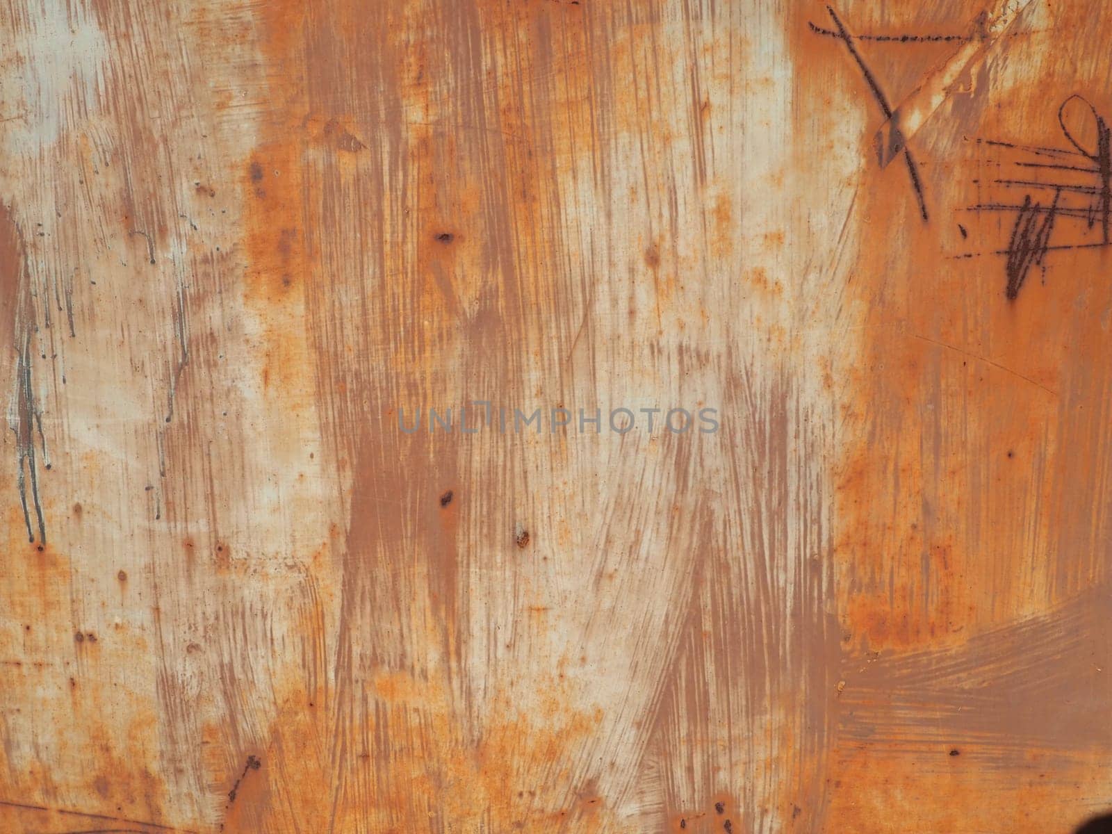 rusty scratched metal. The metal surface has long been painted yellow-orange. Rust and damage. Wear over time and use.