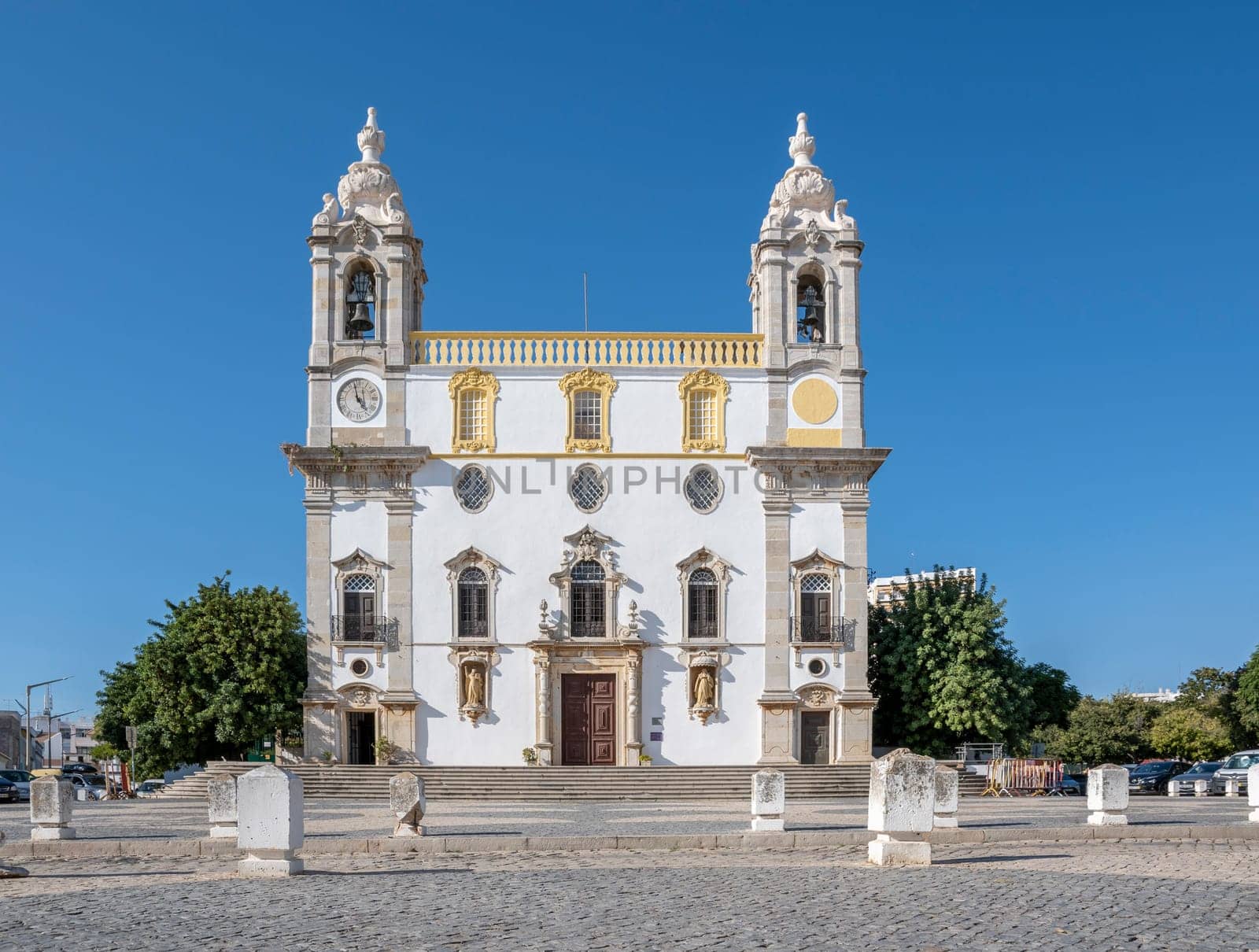 Faro, Portugal, September 2022: View on Igreja do Carmo, home of Capela dos Ossos de Faro or Chapel of Bones.