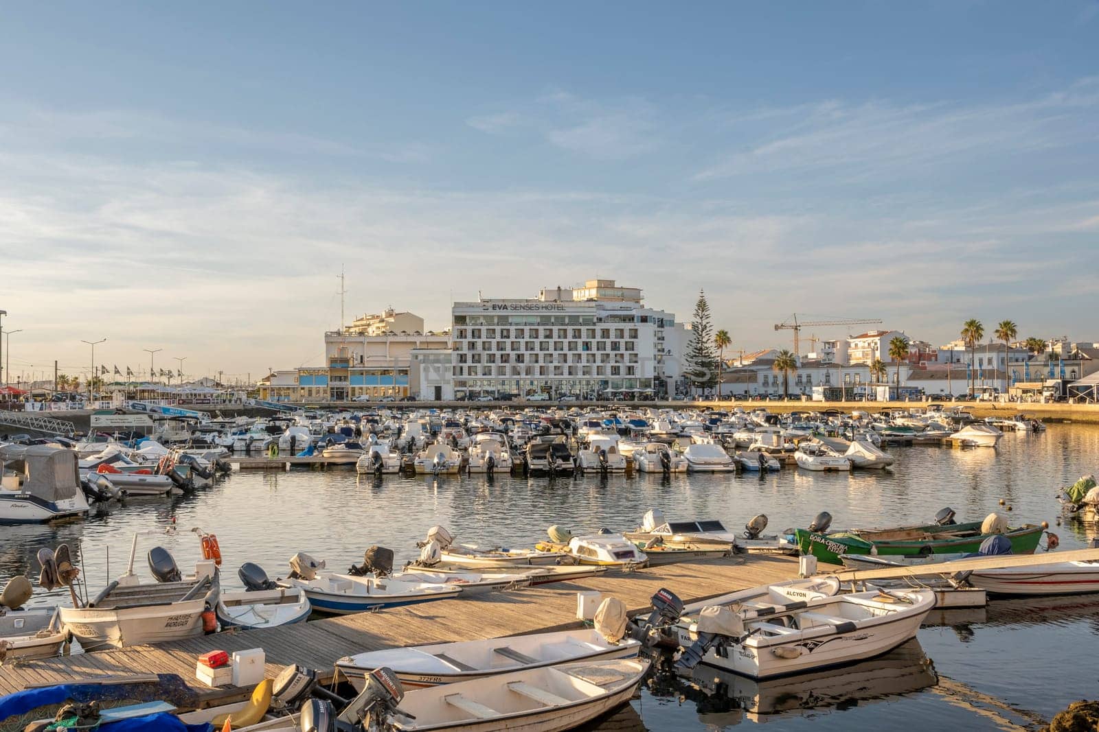 Faro, Portugal, September 2022: Faro harbor or marine view with EVA Senses hotel.