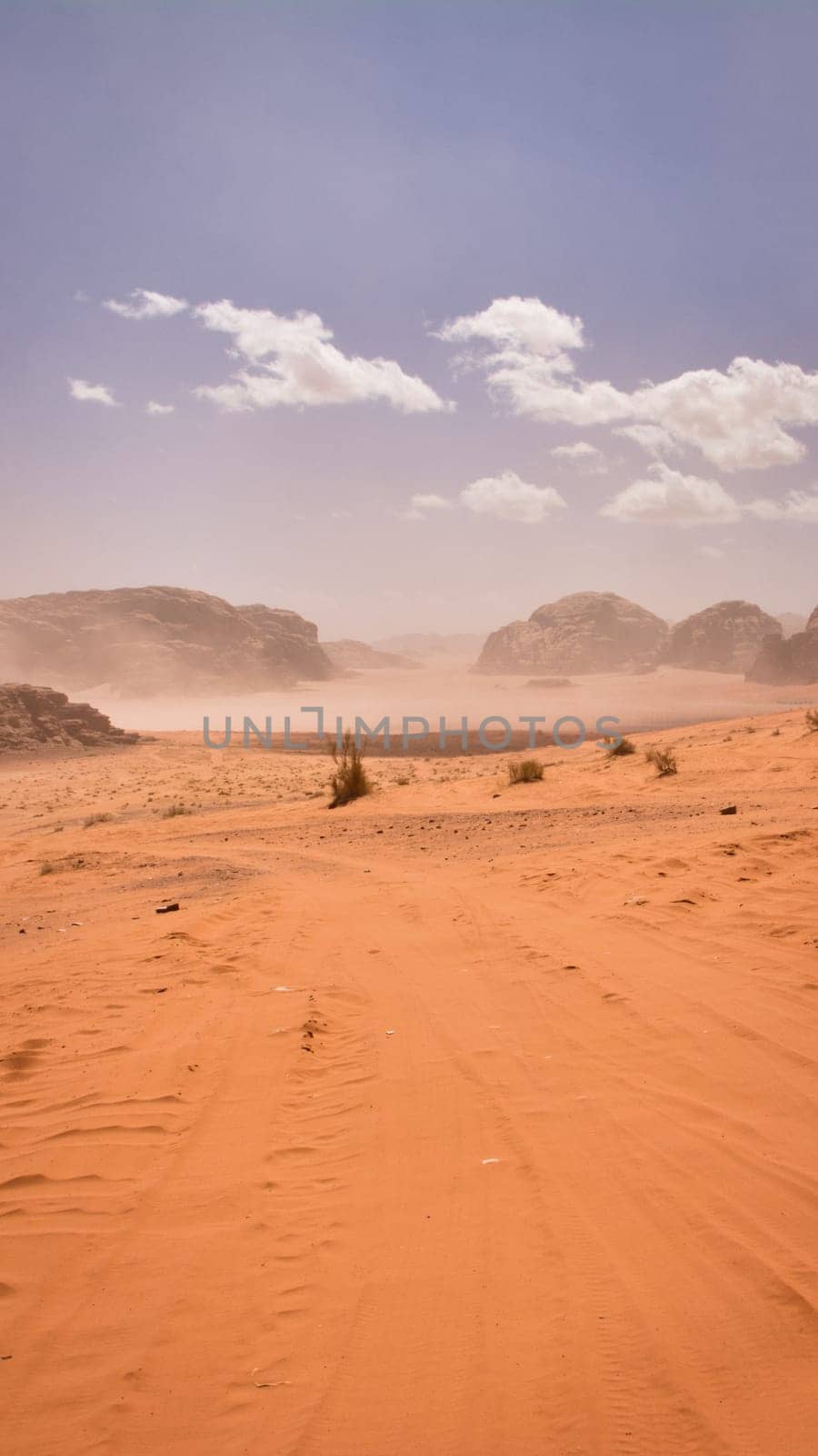 Vertical desert off road track leading into the mountains of Waid Rum. 9:16 aspect ratio.