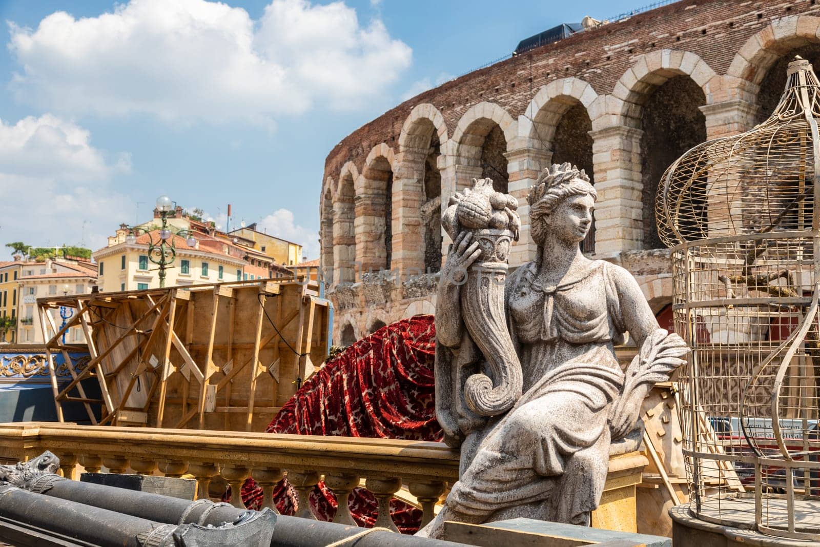 Verona, Italy - June 2022: preparing the stage for the thetre performance in the famous Arena di Verona - Aida spectacle