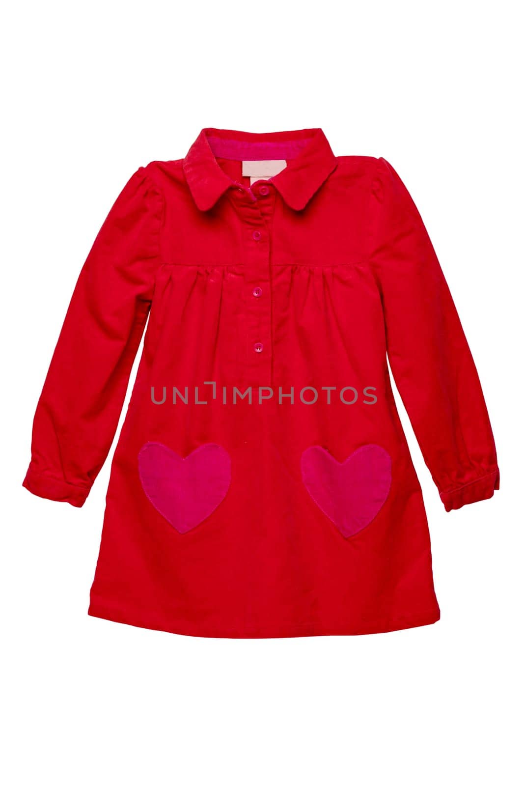 Summer dress isolated. A beautiful red girl's dress with attached heart shaped pockets and long sleeves isolated on white. Clipping path. Kids spring and autumn fashion.