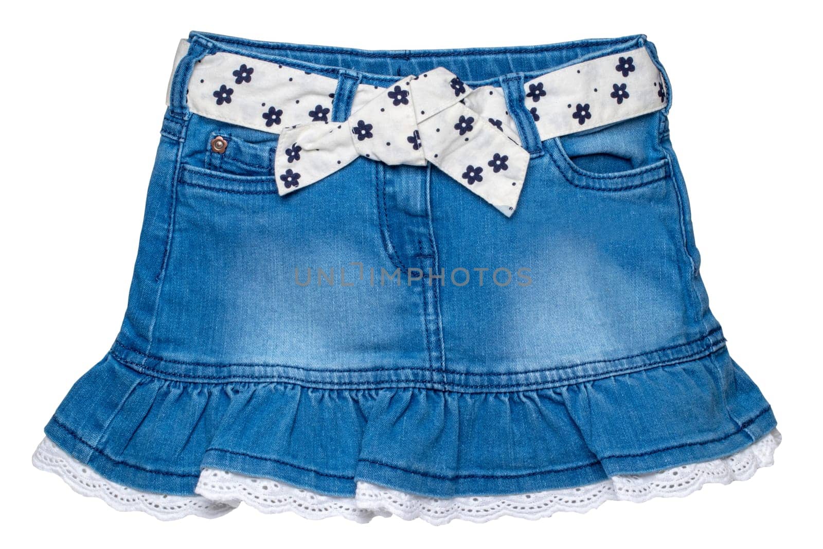 Jeans Skirt. Close-up of sexy short blue denim skirt with a white fabric belt with flowers and bow isolated on white background. Clipping path. Macro. Summer fashion.