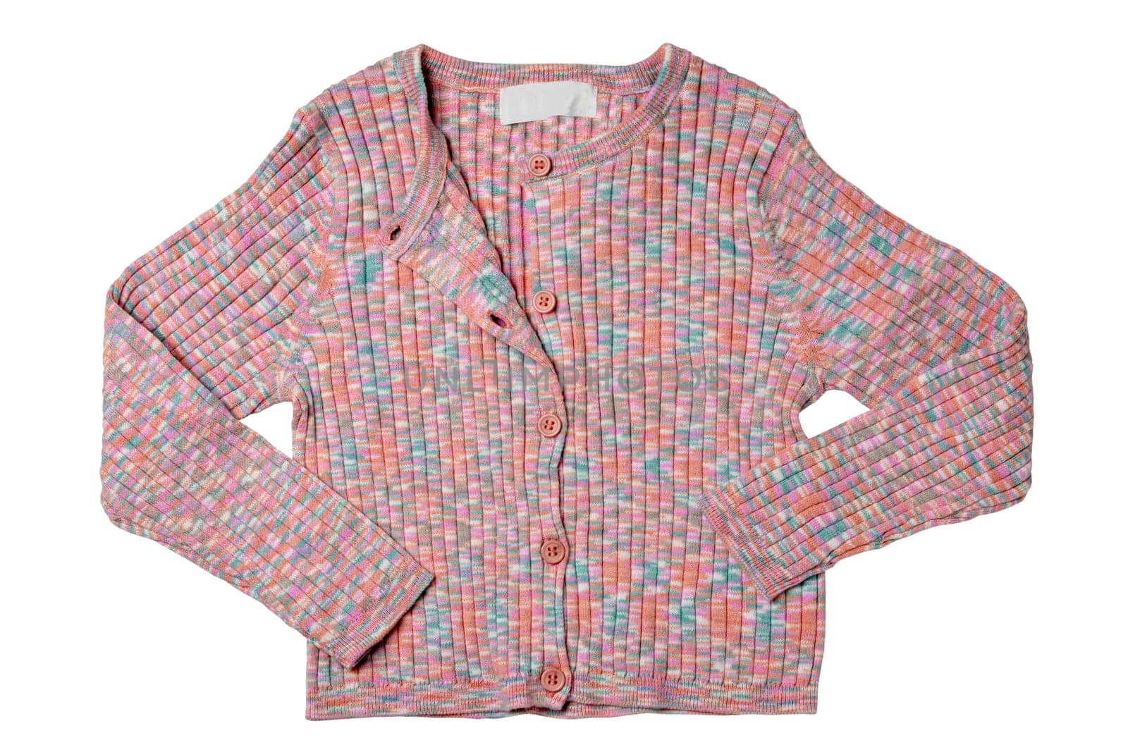 Girls clothes. Multi-colored knitted elegant fluffy cardigan or jumper with v-neck and button closure isolated on a white background. Clipping path. Kids and children's fashion.